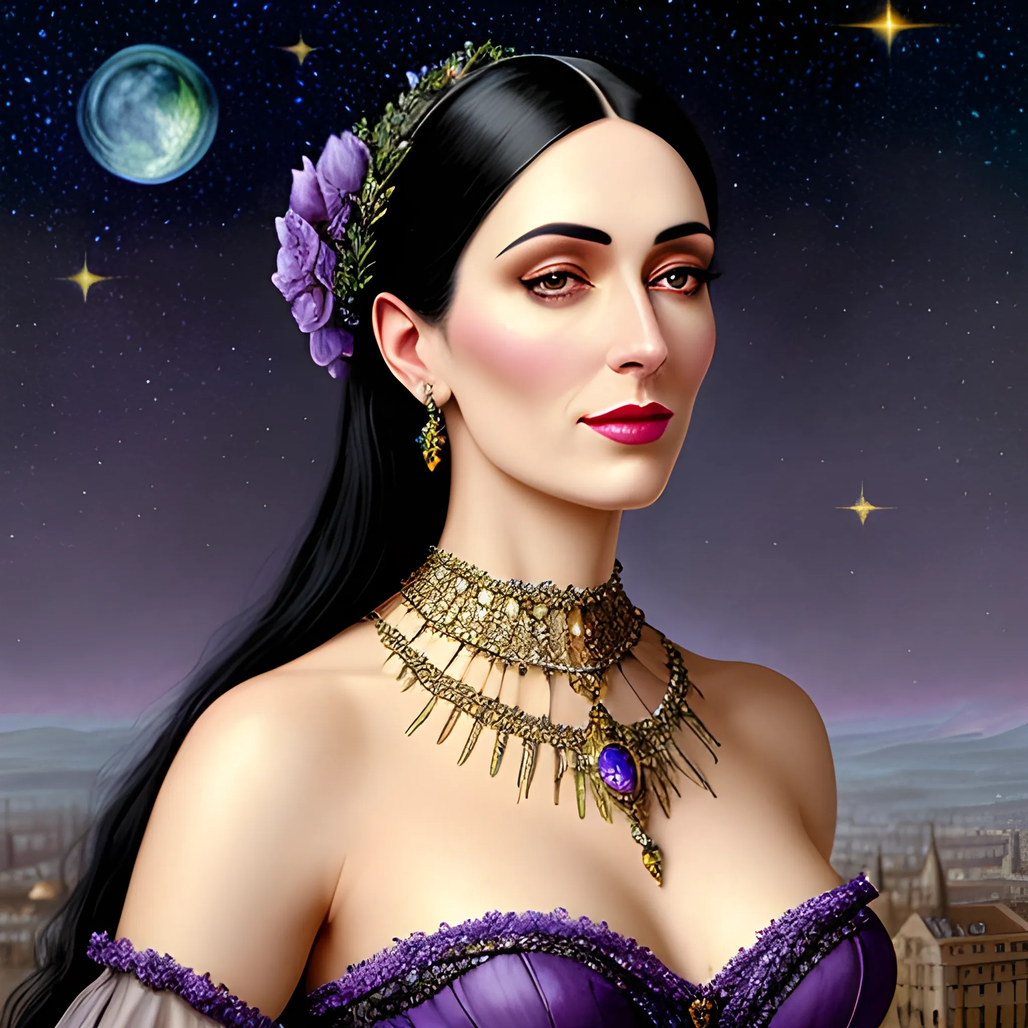 Lilac Princess, beautiful woman wears a lavender sequined dress. She has long, sleek black hair, and stands in front of lilac bushes. Her features are symmetrical, lovely, and anatomically correct. She wears amethyst jewelry. Lips are soft, in a slight smile; behind her a cityscape, and full smooth moon in a nebula sky, clouds; fantasy, Vintage Art, 16k resolution, intricately detailed, Renaissance, Chromolithography Soft Shading; ethereal fantasy, realistic oil painting. Victorian era, glitter, old fashioned, vintage, antique, renaissance, gothic, eldritch, highly intricate, sophisticated and complex digital painting, concept art, hyperrealism, Cinema 4D, 8k resolution, 64 megapixels, CGSociety, ZBrushCentral, behance HD, hypermaximalist, parallax
