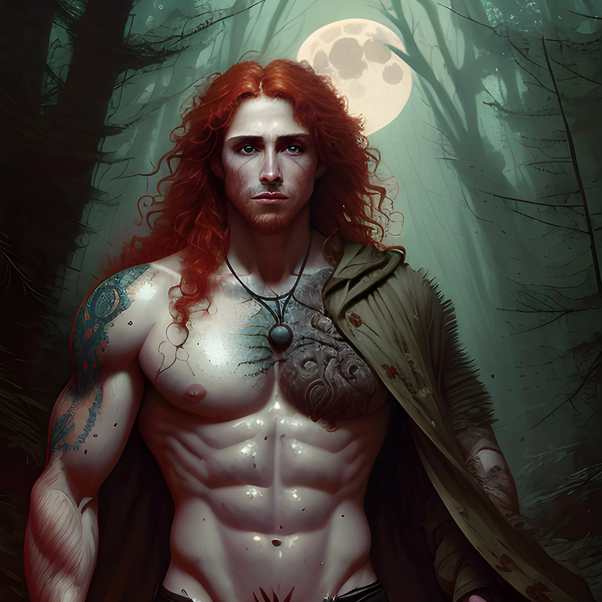 Attractive male, long red curly hair, chiseled, handsome, freckles, perfect face, hyperdetailed eyes and an athletic, masculine body, under a painted neblua sky, full moon; deep forest, spooky ambiance, by gaston bussiere, craig mullins, j. c. leyendecker