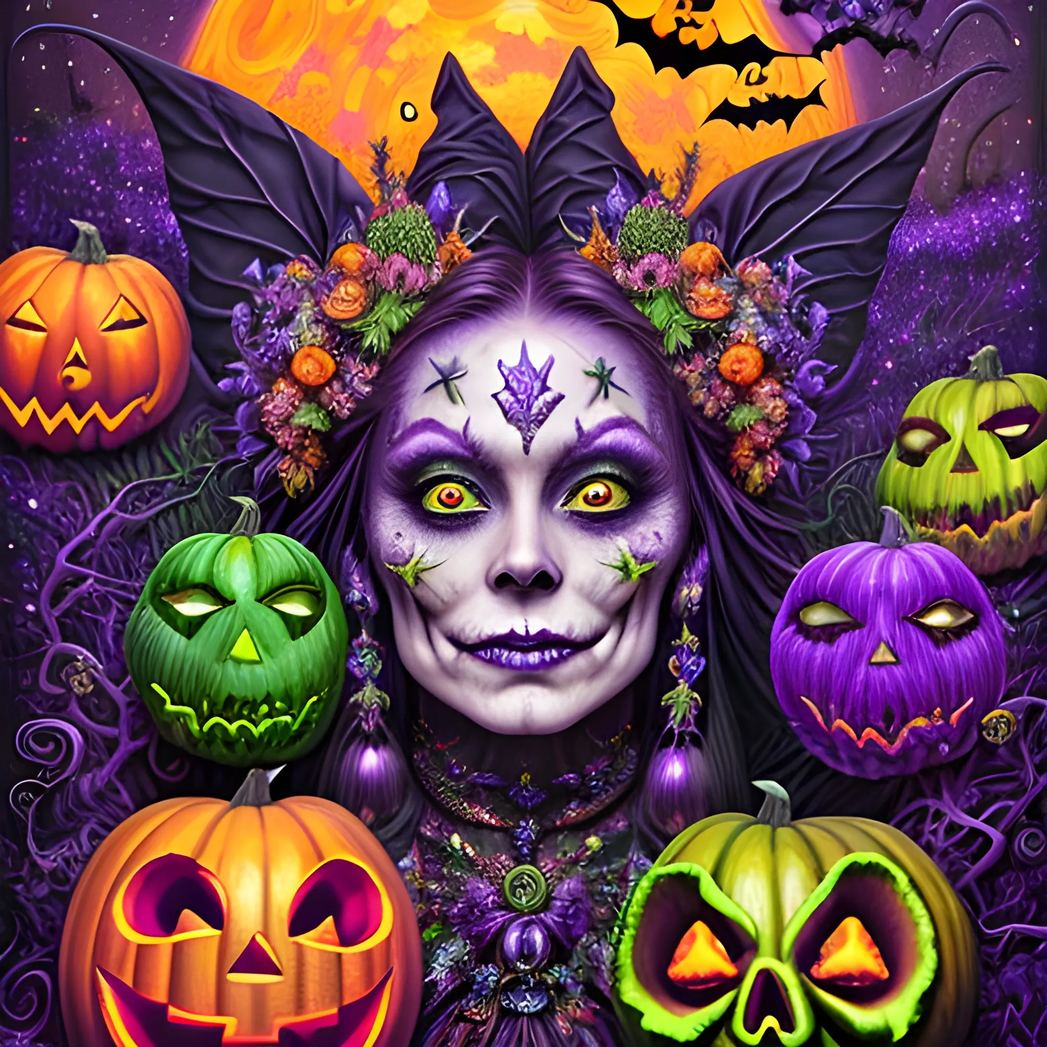  hyperdetailed oil on canvas, a beautiful Halloween Witch, detailed face; orange, green, purple, sparkle fairy dust, glitter, neon grape purple pumpkins, green skulls, orange bats, meticulously detailed; magic, surrounded by luminous color sparkles and marijuana plants, outdoors, starry night, full moon in a psychedelic nebula sky