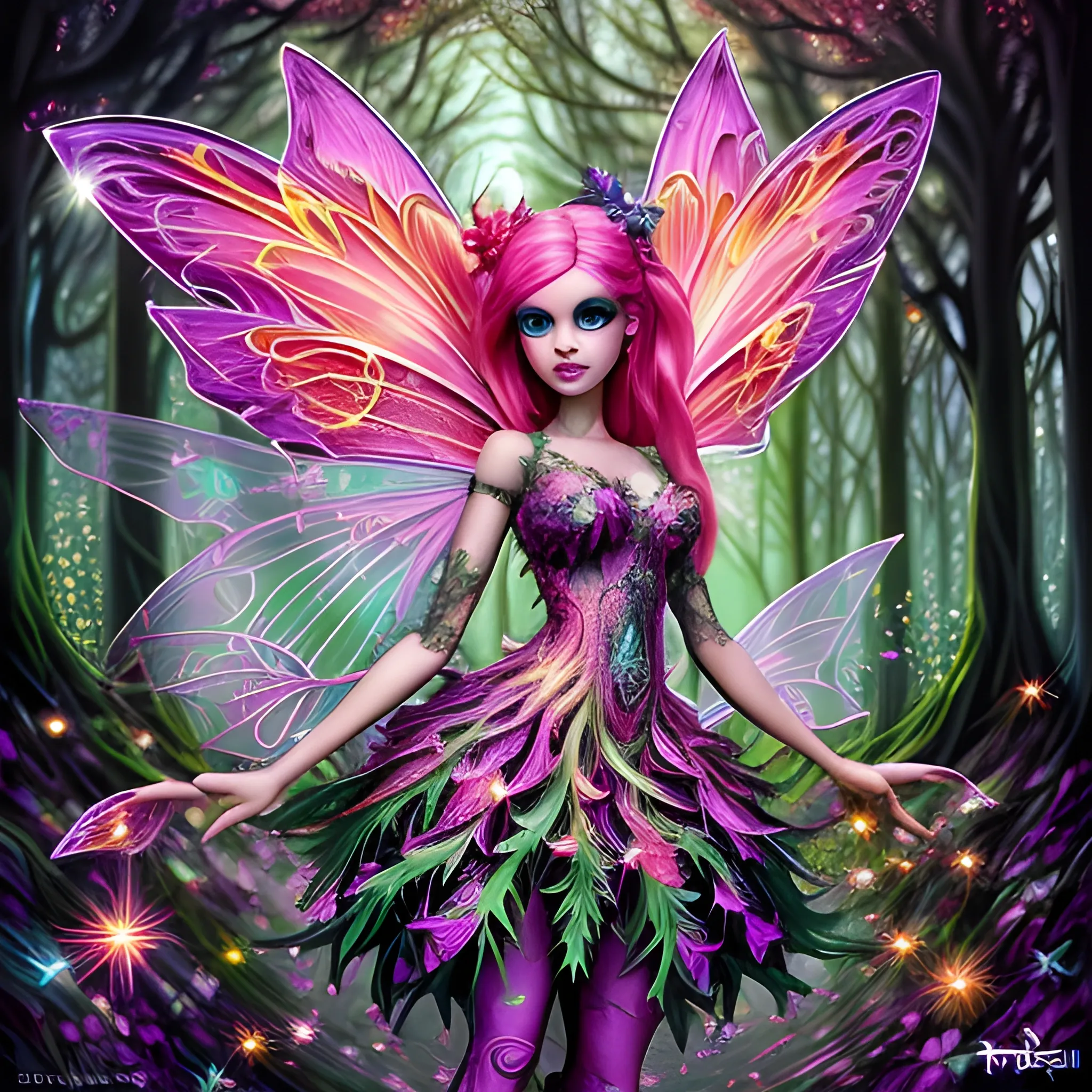  Mythical Fairy: monster High doll: vines: woman: fairy wings: forest: nature: orange and pink: detailed: glitter, airbrush, luminous color sparkles; graffiti art, splash art, street art, spray paint, oil gouache melting, acrylic, high contrast, colorful polychromatic, ultra detailed, ultra quality, CGSociety, 3D