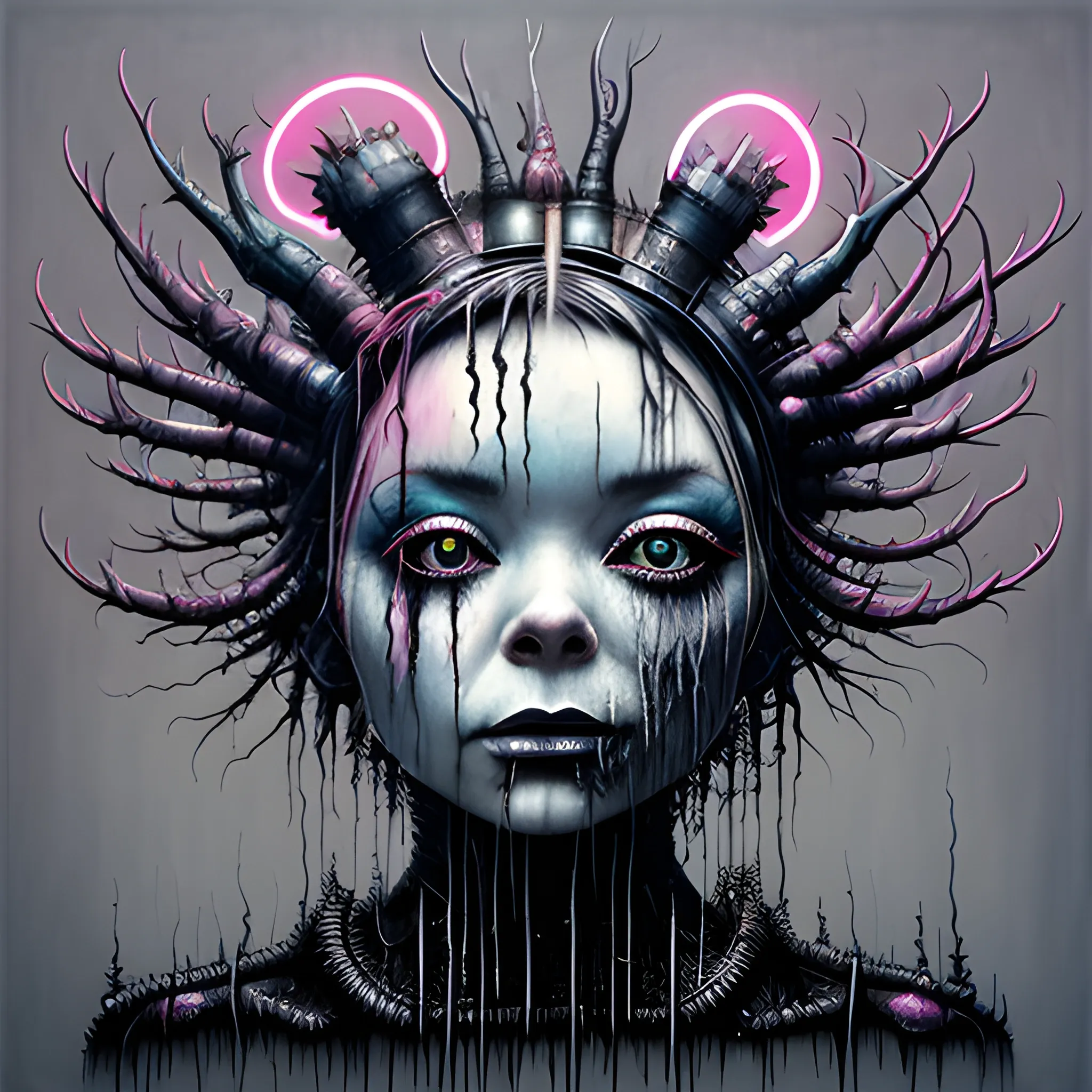  Masterpiece, scenic; Bjork; neon spray paint, acrylic paint, fantastical surrealist world, in the style of Stephen Gammell and Shawn Coss, extremely detailed, sick, gothic, eldritch