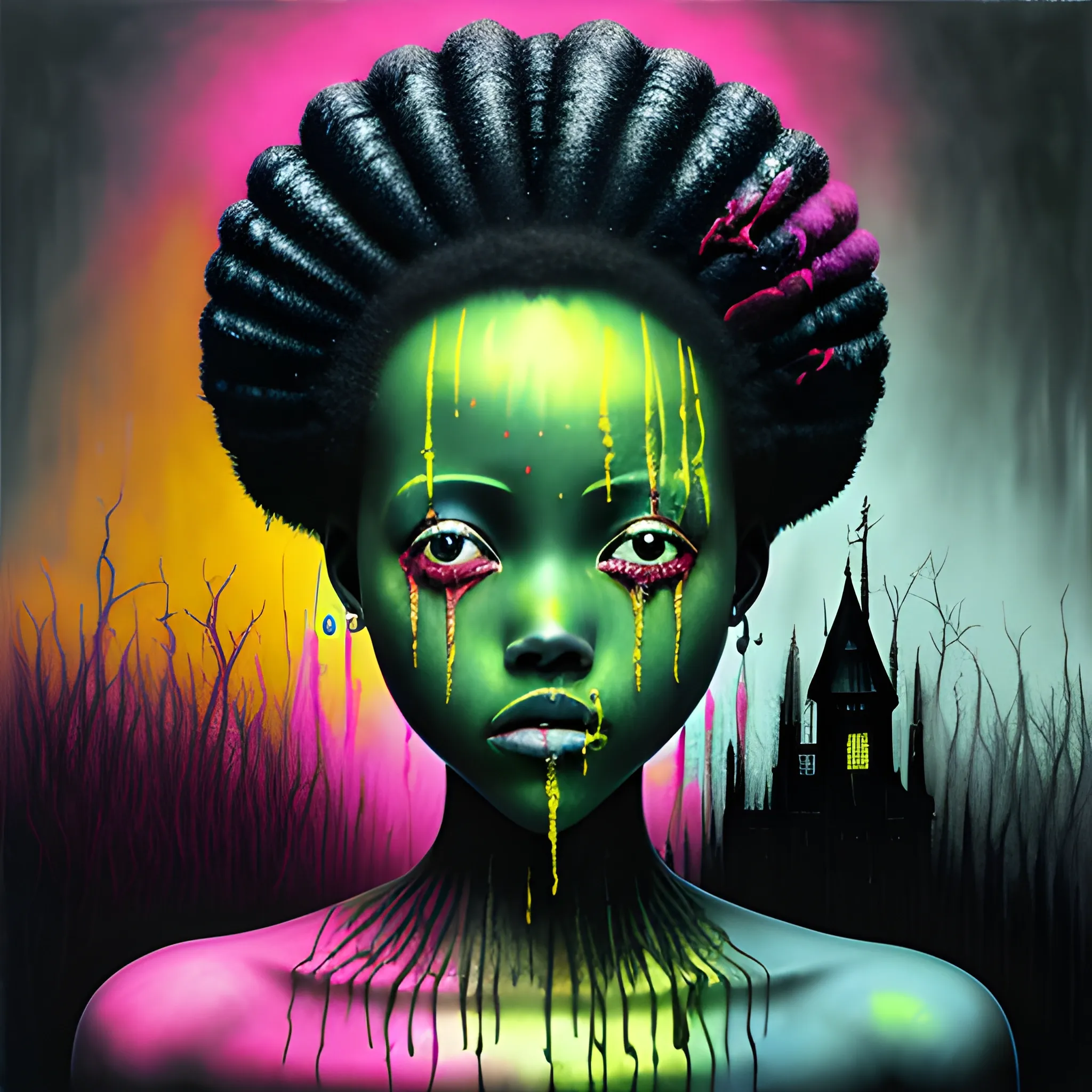  Masterpiece, scenic; Lupita Nyong'o; neon spray paint, acrylic paint, fantastical surrealist world, in the style of Stephen Gammell and Shawn Coss, extremely detailed, sick, gothic, eldritch