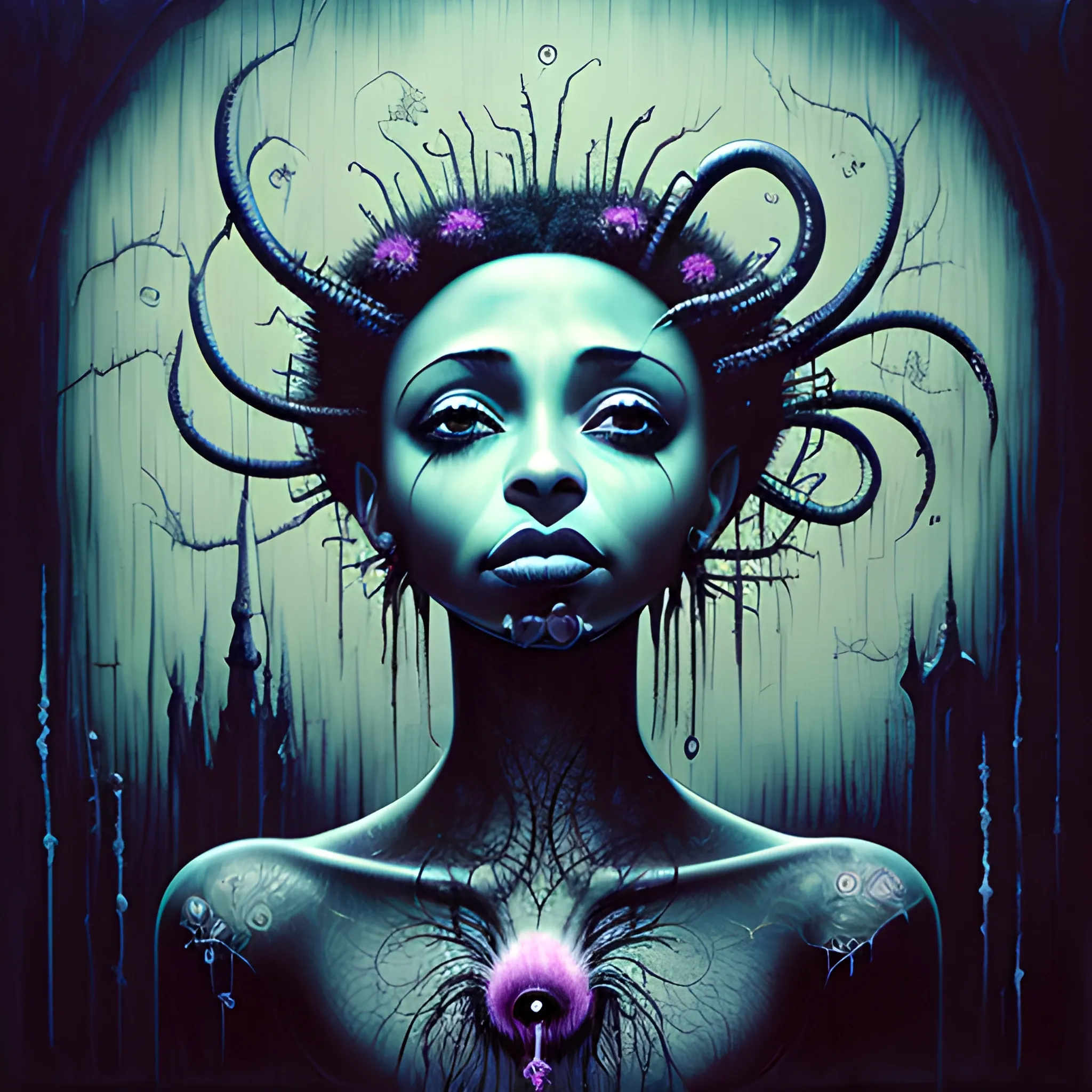  Masterpiece, scenic; Sade Adu; neon spray paint, acrylic paint, fantastical surrealist world, in the style of Stephen Gammell and Shawn Coss, extremely detailed, sick, gothic, eldritch