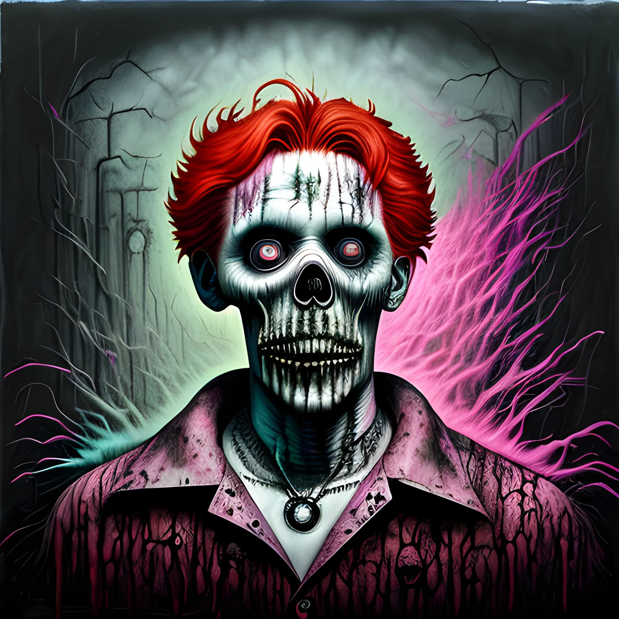  Masterpiece, scenic; redhead Courtney Gains; neon spray paint, acrylic paint, fantastical surrealist world, in the style of Stephen Gammell and Shawn Coss, extremely detailed, sick, gothic, eldritch; macabre, extreme color