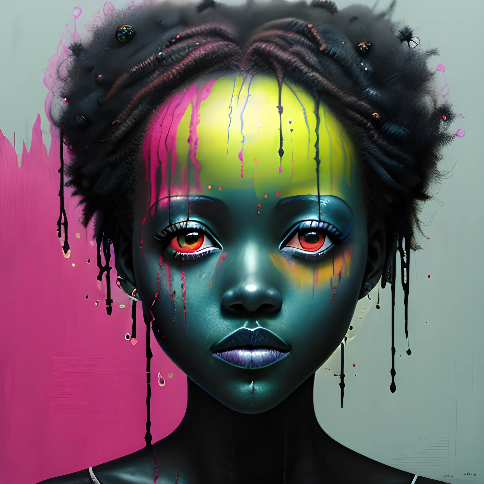  Masterpiece, scenic; Lupita Nyong'o; neon spray paint, acrylic paint, fantastical surrealist world, in the style of Stephen Gammell and Shawn Coss, extremely detailed, sick, gothic, eldritch