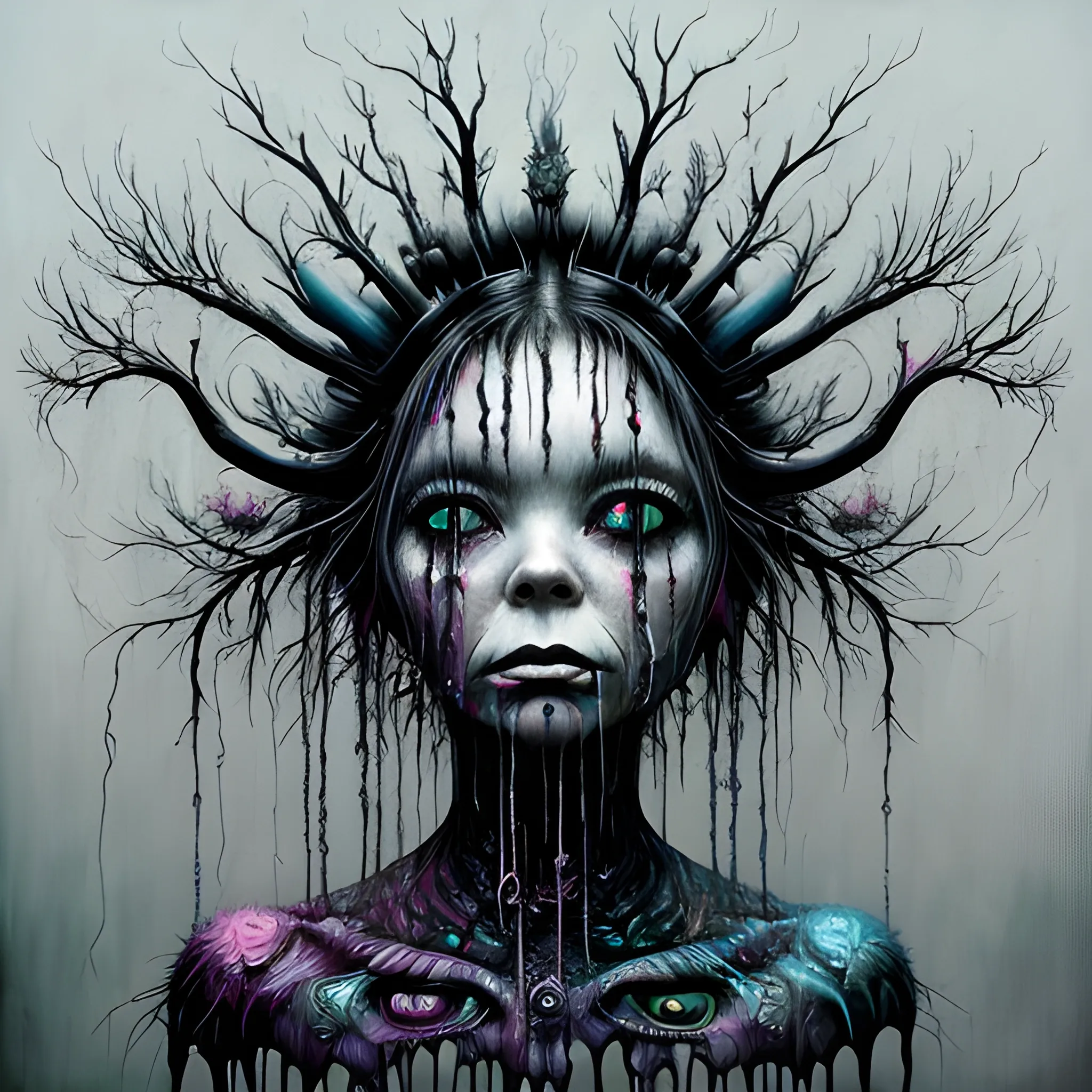  Masterpiece, scenic; Bjork; neon spray paint, acrylic paint, fantastical surrealist world, in the style of Stephen Gammell and Shawn Coss, extremely detailed, sick, gothic, eldritch