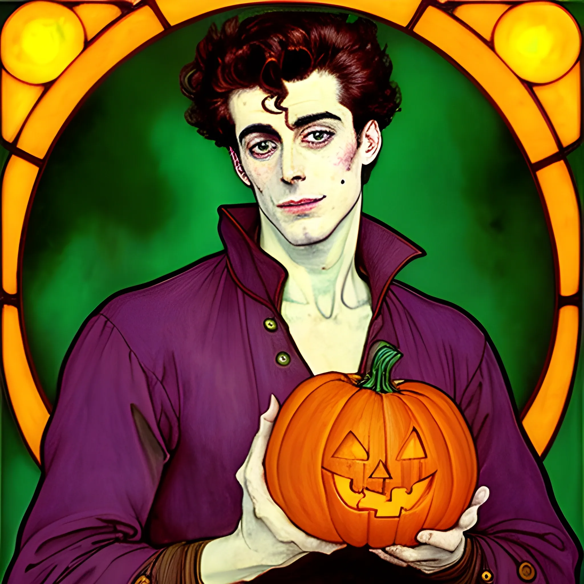 Painting of a handsome young delicate beautiful softly freckled man in his 20s with green eyes and long, curly red hair, at the giant jack o'lantern halloween party; pumpkins, perfect purple pumpkins, green skulls, orange bats, magic, candles, neon spray paint, acrylic paint, fantastical, elegant, stylized art, under a painted nebula sky, full moon; bats, pumpkins, spooky ambiance, Halloween Night art by alphonse mucha, vincent van gogh, egon schiele