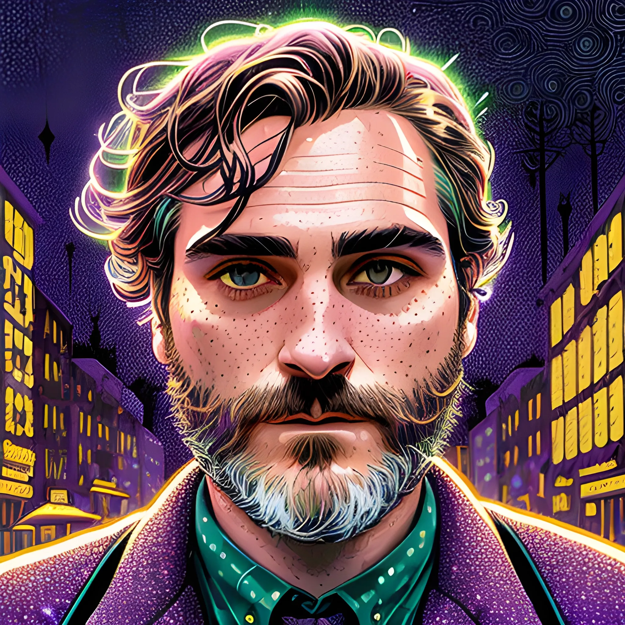 Joaquin Phoenix, his highly detailed, softly freckled handsome face, lavender-green eyes, meticulously detailed long dark hair; by James R. Eads, Fausto-Giurescu, Tania Rivilis, Dan Mumford; luminous colorful sparkles, glitter, airbrush, depth of field, volumetric lighting, downtown