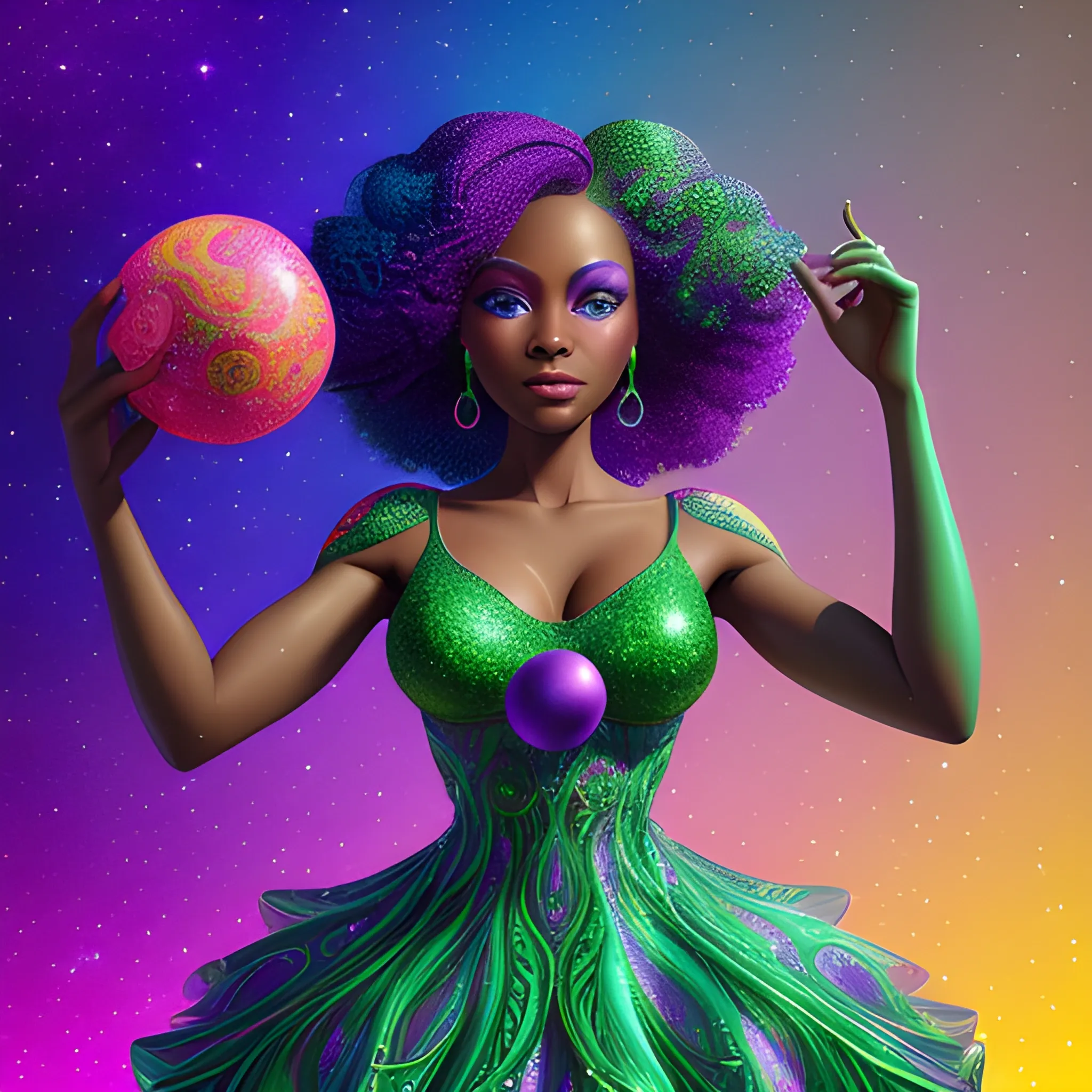 Charlotte Ayanna, perfect, anatomically correct perfect body, highly detailed beautiful face, green midriff dress, meticulously detailed multi-hued long dark curly hair, holding a purple ball in her hand; digital painting, smooth, sharp focus, colorful illustration, art by Lisa Frank, James R. Eads, artgerm and Maxfield Parrish; luminous color sparkles, glitter, neon, airbrush, Unreal Engine 5