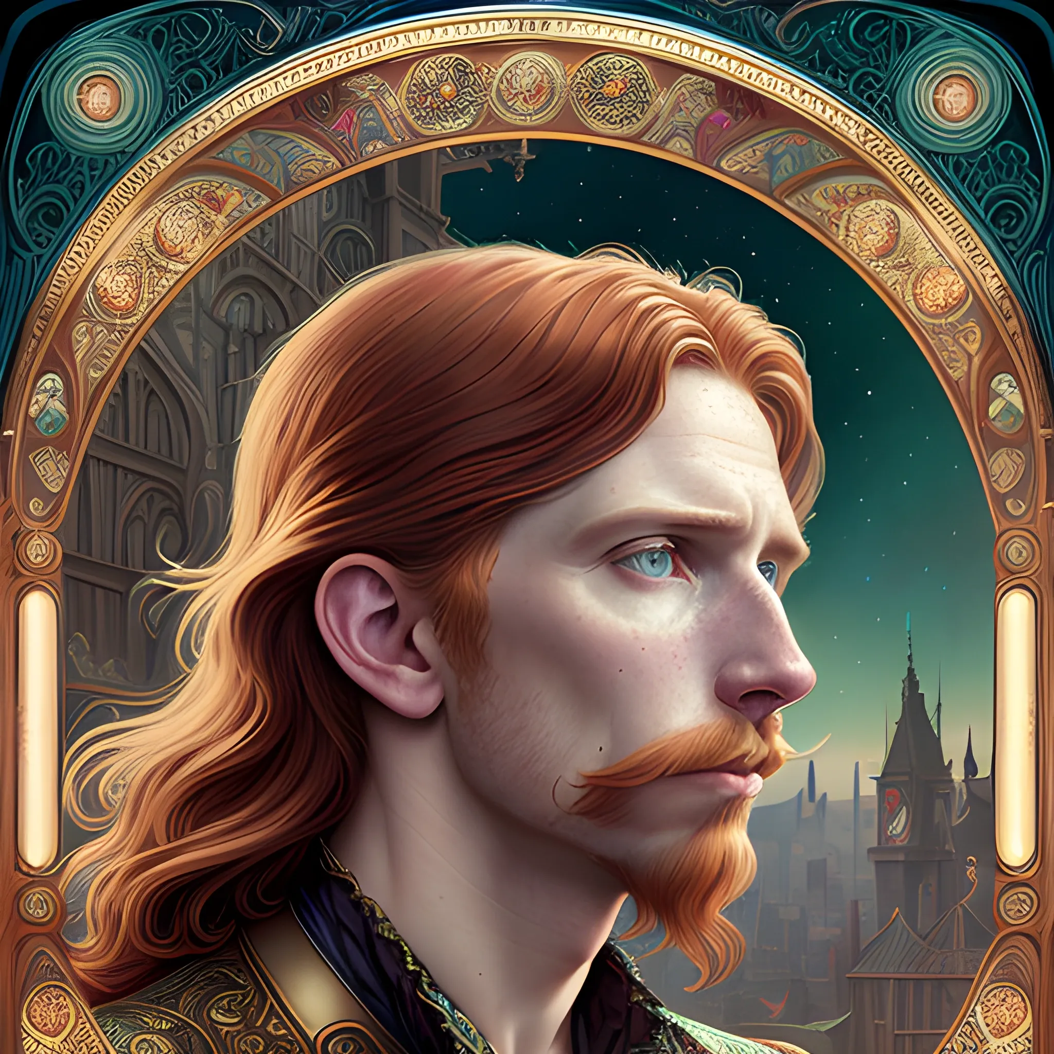 finely detailed eyes, male actor Courtney Gains, the man's hyperdetailed, softly freckled face, his clean, clear, detailed green eyes, meticulously detailed, multi-hued, long red hair; cityscape, full smooth moon in a nebula sky, clouds; fantasy, Vintage Art, 16k resolution art Nouveau poster; Alphonse Mucha, WLOP, Illustration intricately detailed, Renaissance, Chromolithography Soft Shading; ethereal fantasy maximalist matte painting. Catherine Abel, and James R. Eads, realistic oil painting. Victorian era, glitter, old fashioned, vintage, antique, renaissance, gothic, eldritch, highly intricate, sophisticated and complex digital painting, concept art, hyperrealism, Cinema 4D, 8k resolution, 64 megapixels, CGSociety, ZBrushCentral, behance HD, hypermaximalist, male, man