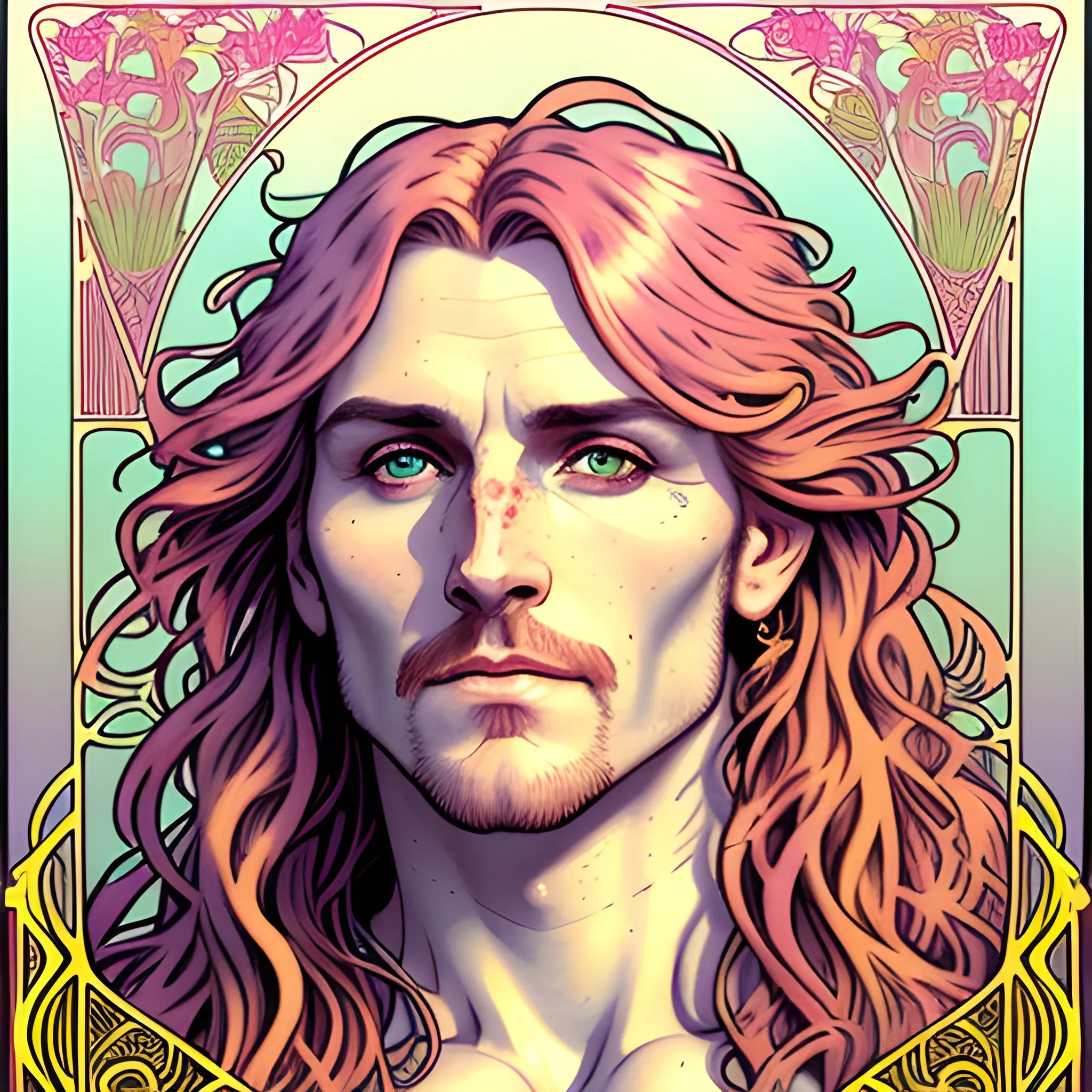 young Malachai of the Corn, his highly detailed, softly freckled handsome face, his clean, clear eyes, meticulously detailed, multi-hued, long red hair; hippie, pirate, he gazes far-away to the forest; pink, yellow, across a misty pastel-colored landscape, clouds; fantasy, Vintage Art, 8k resolution art Nouveau poster; Alphonse Mucha, Artgerm, WLOP, Illustration intricately detailed, trending on Artstation, Renaissance, triadic colors, Chromolithography Soft Shading