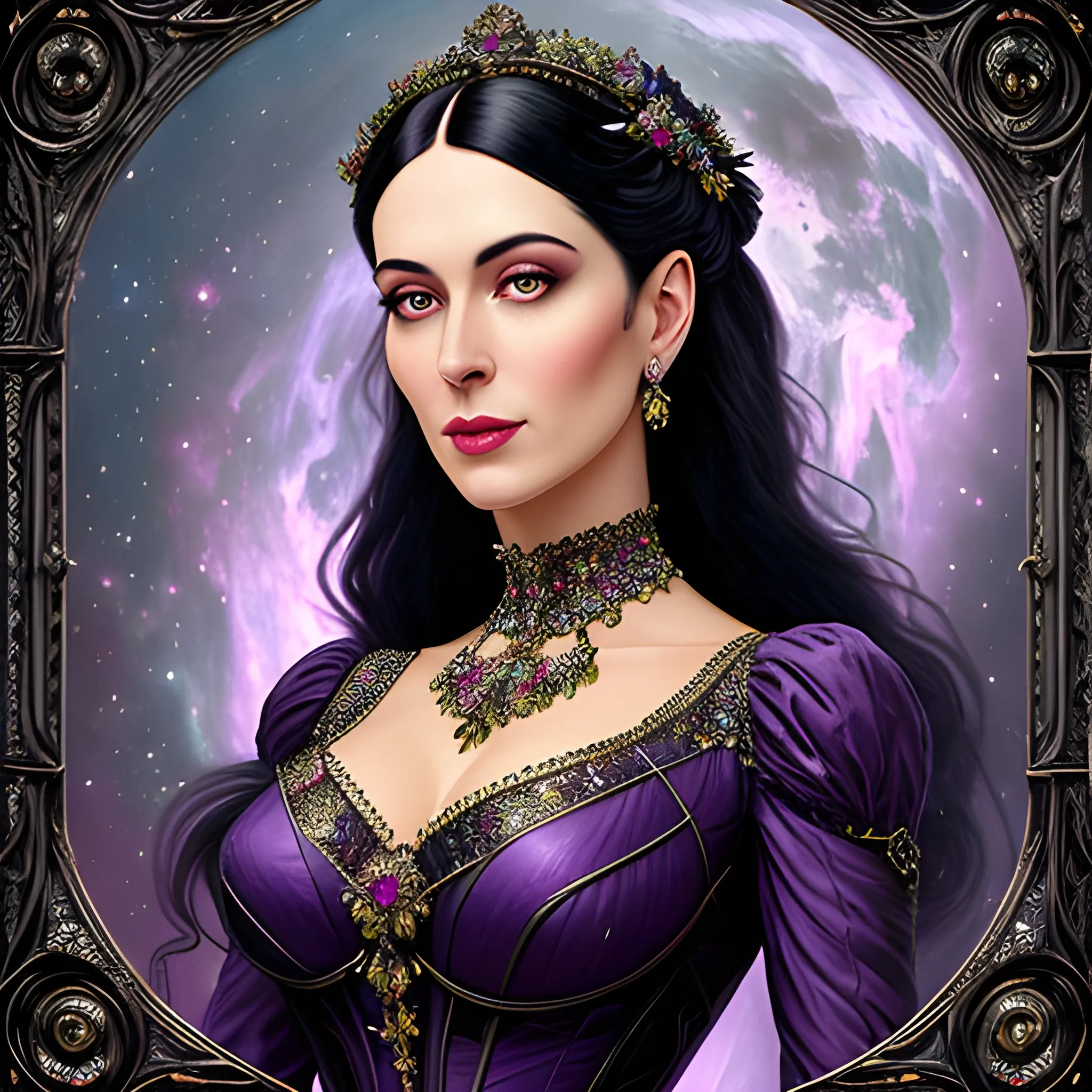 Lilac Princess, beautiful woman wears a lavender sequined dress. She has long, sleek black hair, and stands in front of lilac bushes. Her features are symmetrical, lovely, and anatomically correct. She wears amethyst jewelry. Lips are soft, in a slight smile; behind her a cityscape, and full smooth moon in a nebula sky, clouds; fantasy, Vintage Art, 16k resolution, intricately detailed, Renaissance, Chromolithography Soft Shading; ethereal fantasy, realistic oil painting. Victorian era, glitter, old fashioned, vintage, antique, renaissance, gothic, eldritch, highly intricate, sophisticated and complex digital painting, concept art, hyperrealism, Cinema 4D, 8k resolution, 64 megapixels, CGSociety, ZBrushCentral, behance HD, hypermaximalist, parallax
