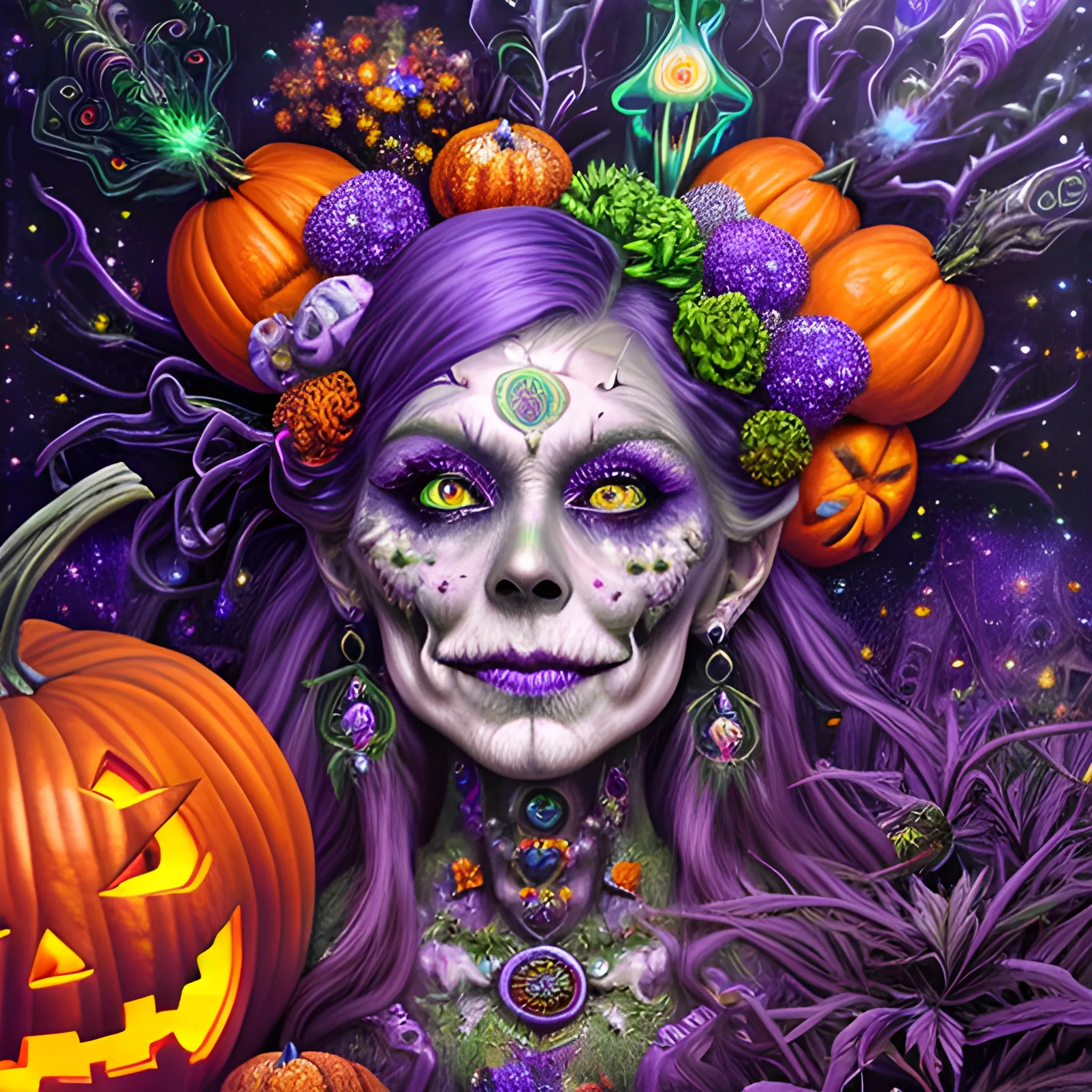  hyperdetailed oil on canvas, a beautiful Halloween Witch, detailed face; orange, green, purple, sparkle fairy dust, glitter, neon grape purple pumpkins, green skulls, orange bats, meticulously detailed; magic, surrounded by luminous color sparkles and marijuana plants, outdoors, starry night, full moon in a psychedelic nebula sky