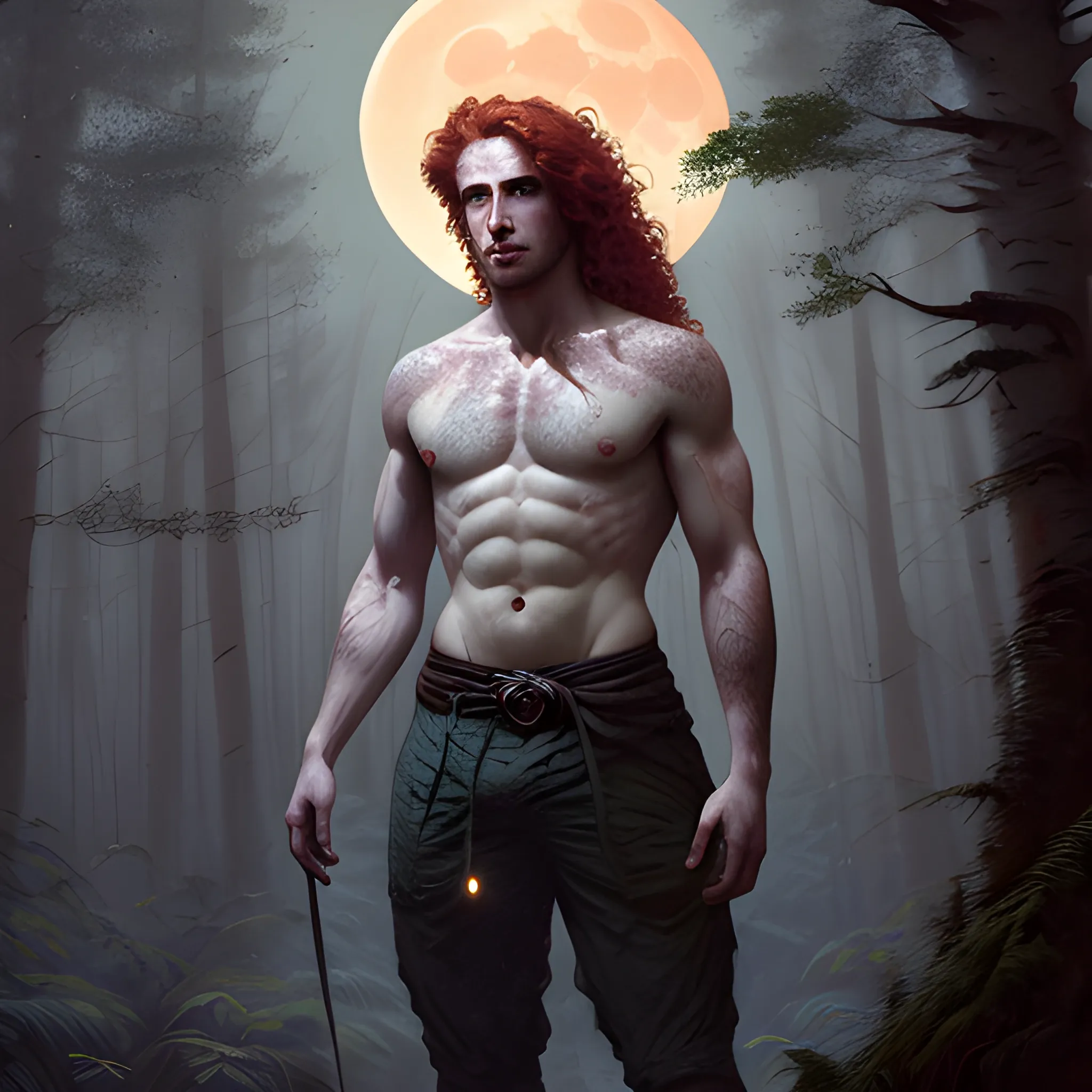 Attractive male, long red curly hair, chiseled, handsome, freckles, perfect face, hyperdetailed eyes and an athletic, masculine body, under a painted neblua sky, full moon; deep forest, spooky ambiance, by gaston bussiere, craig mullins, j. c. leyendecker