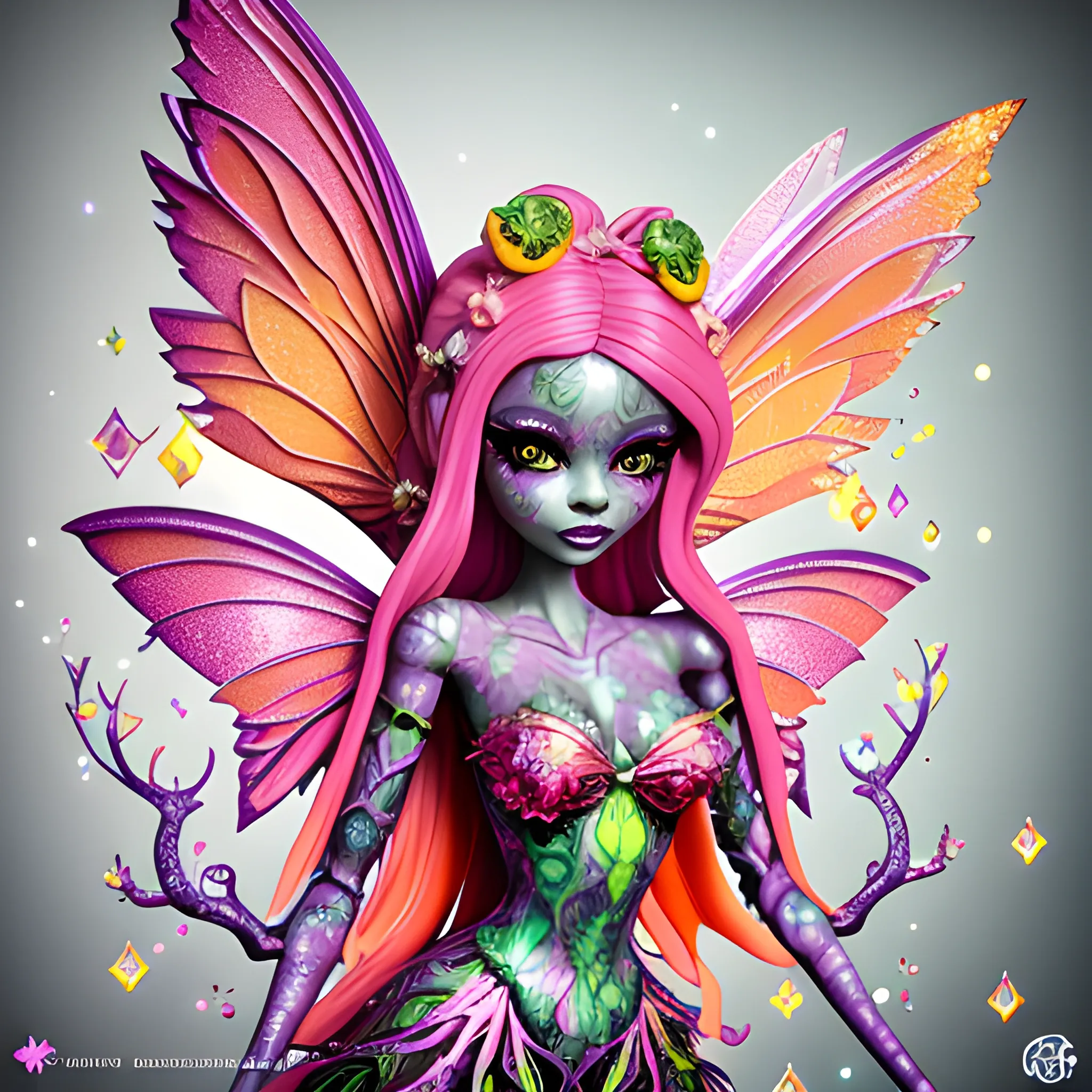  Mythical Fairy: monster High doll: vines: woman: fairy wings: forest: nature: orange and pink: detailed: glitter, airbrush, luminous color sparkles; graffiti art, splash art, street art, spray paint, oil gouache melting, acrylic, high contrast, colorful polychromatic, ultra detailed, ultra quality, CGSociety, 3D