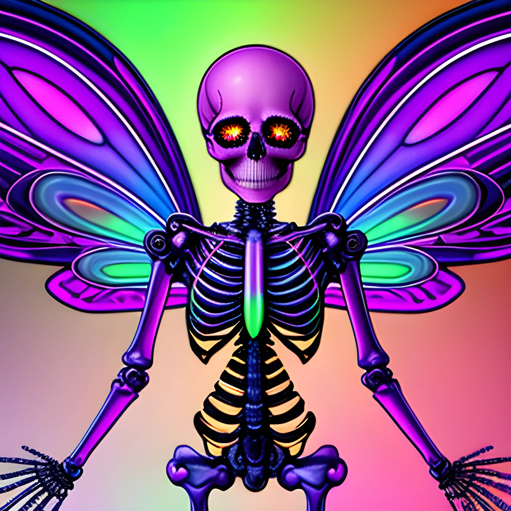 a beautiful full-body skeleton with skull head with glowing eyes, iridescent, geometric, fractal, glow anaglyph effect symmetrical fairy wings, dynamic lighting, bioluminescent neon, colorful sparkles, magic, intricate hyperdetailed skeleton, hot pink, neon grape purple, dayglo orange, chartreuse green