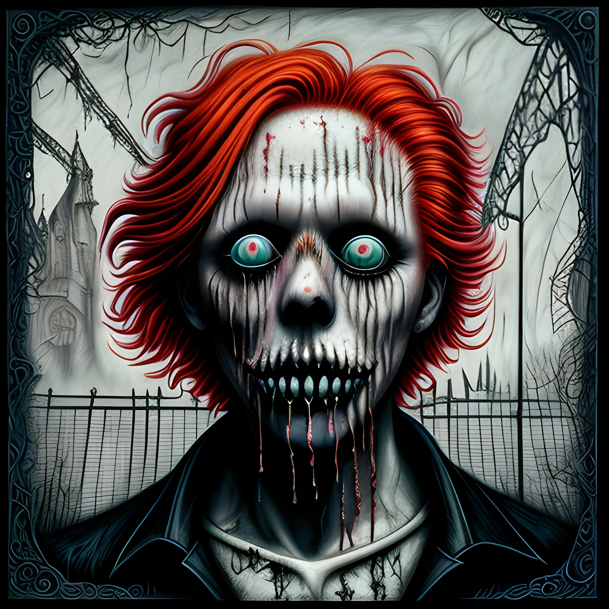  Masterpiece, scenic; redhead Courtney Gains; neon spray paint, acrylic paint, fantastical surrealist world, in the style of Stephen Gammell and Shawn Coss, extremely detailed, sick, gothic, eldritch; macabre, extreme color