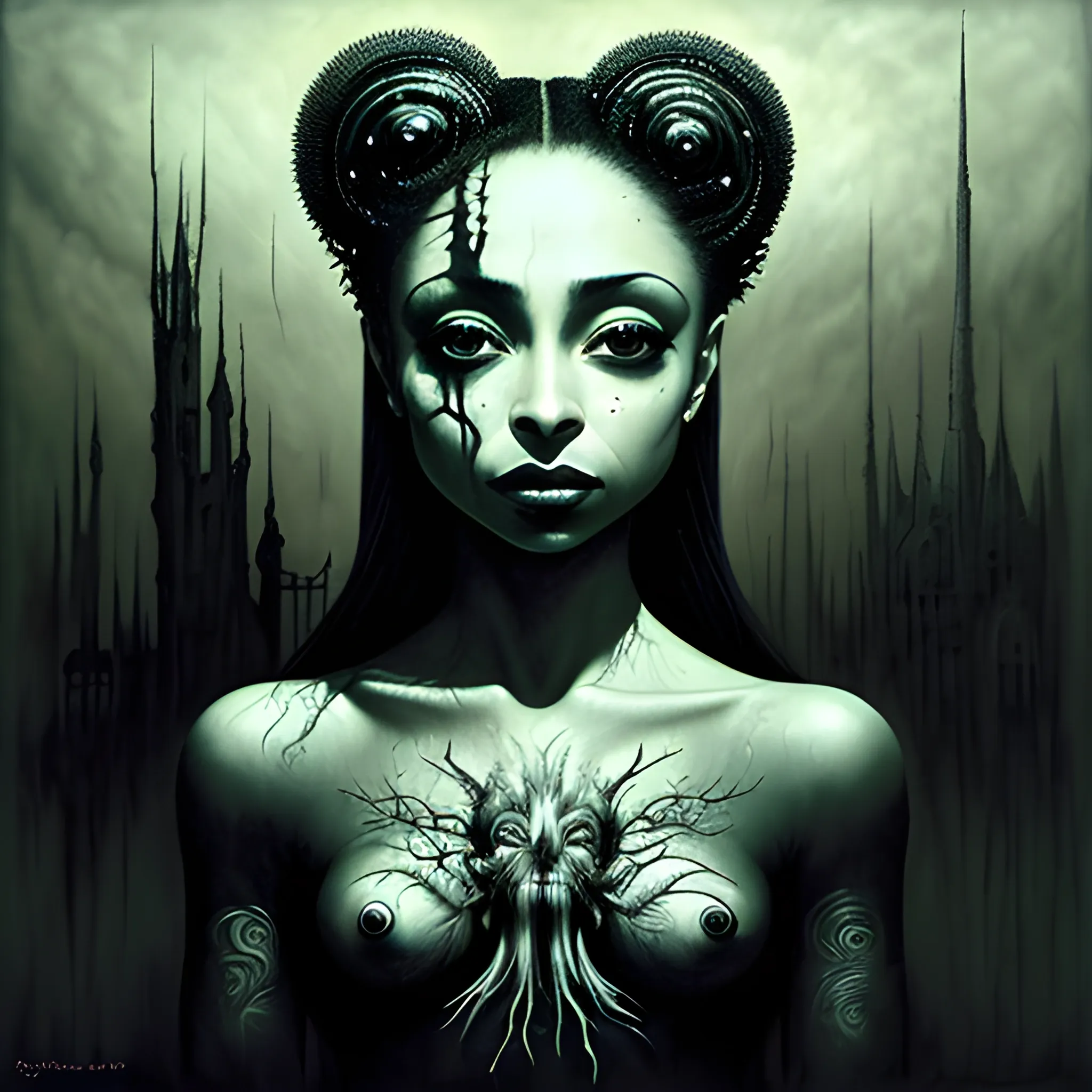  Masterpiece, scenic; Sade Adu; neon spray paint, acrylic paint, fantastical surrealist world, in the style of Stephen Gammell and Shawn Coss, extremely detailed, sick, gothic, eldritch