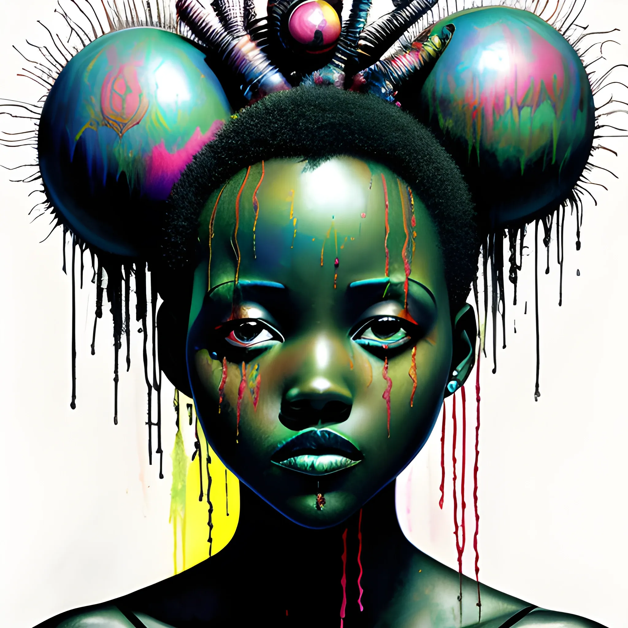  Masterpiece, scenic; Lupita Nyong'o; neon spray paint, acrylic paint, fantastical surrealist world, in the style of Stephen Gammell and Shawn Coss, extremely detailed, sick, gothic, eldritch