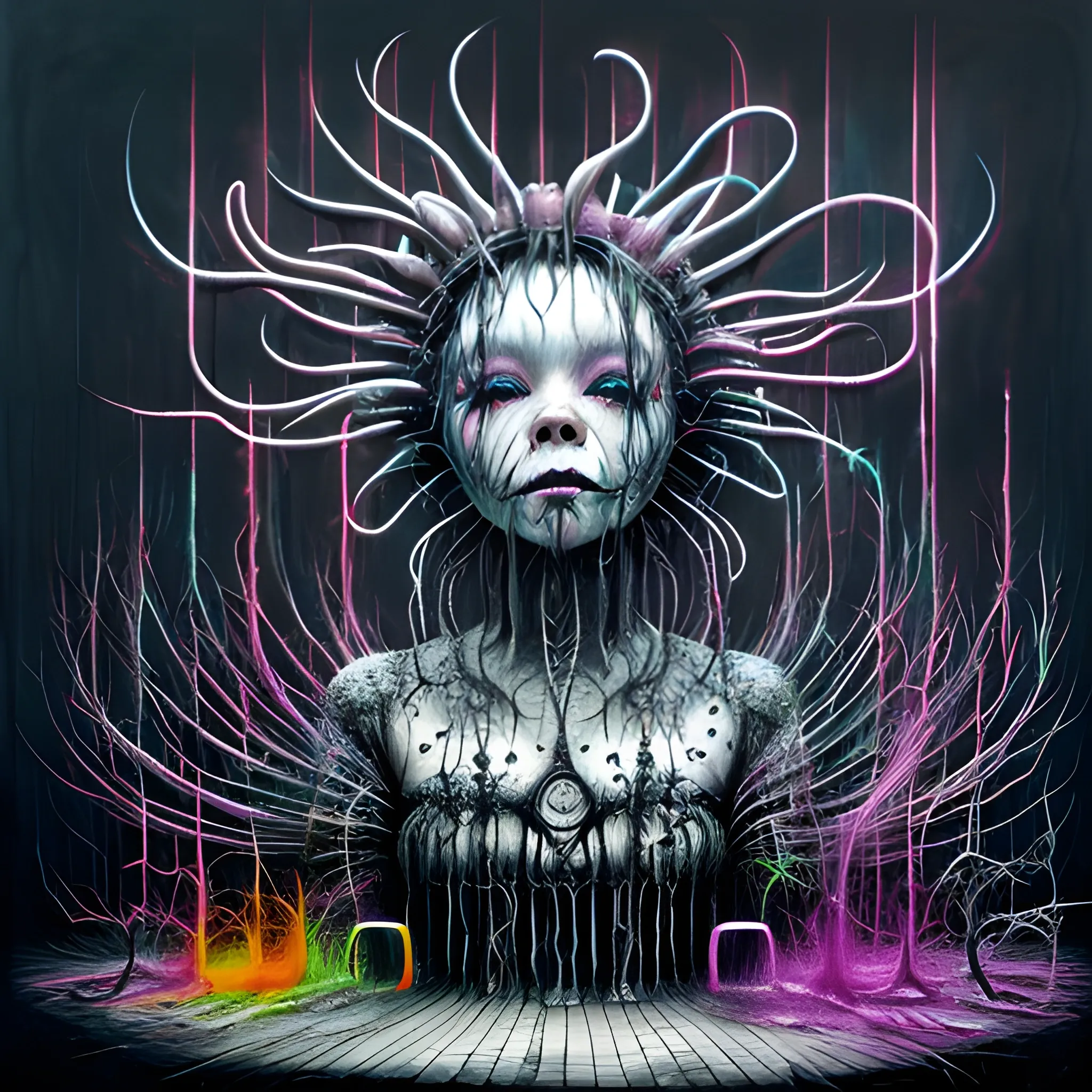  Masterpiece, scenic; Bjork; neon spray paint, acrylic paint, fantastical surrealist world, in the style of Stephen Gammell and Shawn Coss, extremely detailed, sick, gothic, eldritch