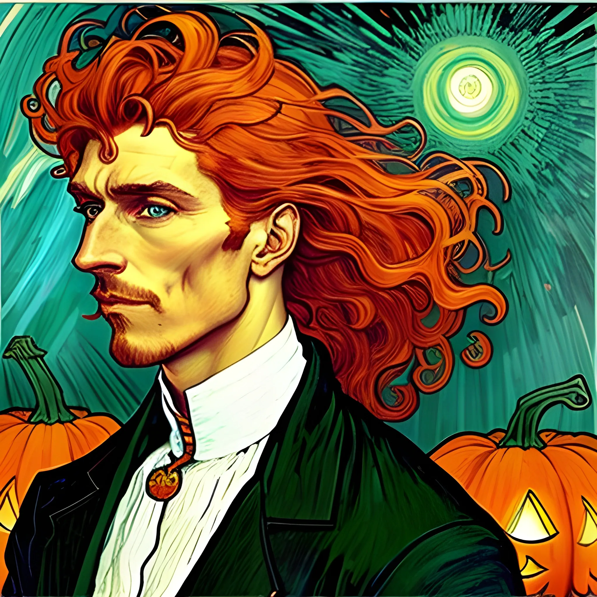 Painting of a handsome young delicate beautiful softly freckled man in his 20s with green eyes and very long, curly red hair flowing down his shoulders and back, at the giant jack o'lantern halloween party; pumpkins, perfect purple pumpkins, green skulls, orange bats, magic, candles, neon spray paint, acrylic paint, fantastical, elegant, stylized art, under a painted nebula sky, full moon; bats, pumpkins, spooky ambiance, Halloween Night art by alphonse mucha, vincent van gogh, egon schiele