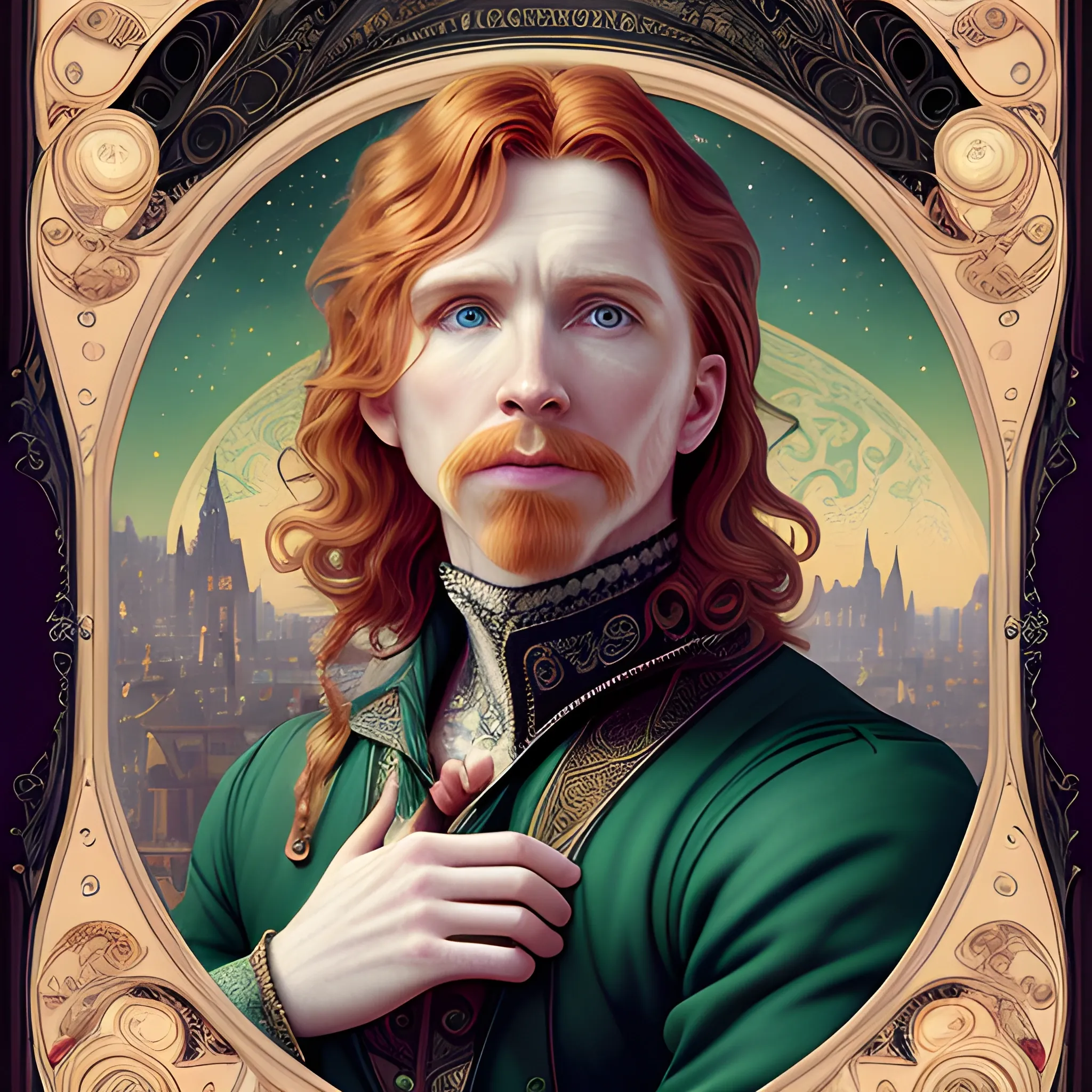 finely detailed eyes, male actor Courtney Gains, the man's hyperdetailed, softly freckled face, his clean, clear, detailed green eyes, meticulously detailed, multi-hued, long red hair; cityscape, full smooth moon in a nebula sky, clouds; fantasy, Vintage Art, 16k resolution art Nouveau poster; Alphonse Mucha, WLOP, Illustration intricately detailed, Renaissance, Chromolithography Soft Shading; ethereal fantasy maximalist matte painting. Catherine Abel, and James R. Eads, realistic oil painting. Victorian era, glitter, old fashioned, vintage, antique, renaissance, gothic, eldritch, highly intricate, sophisticated and complex digital painting, concept art, hyperrealism, Cinema 4D, 8k resolution, 64 megapixels, CGSociety, ZBrushCentral, behance HD, hypermaximalist, male, man