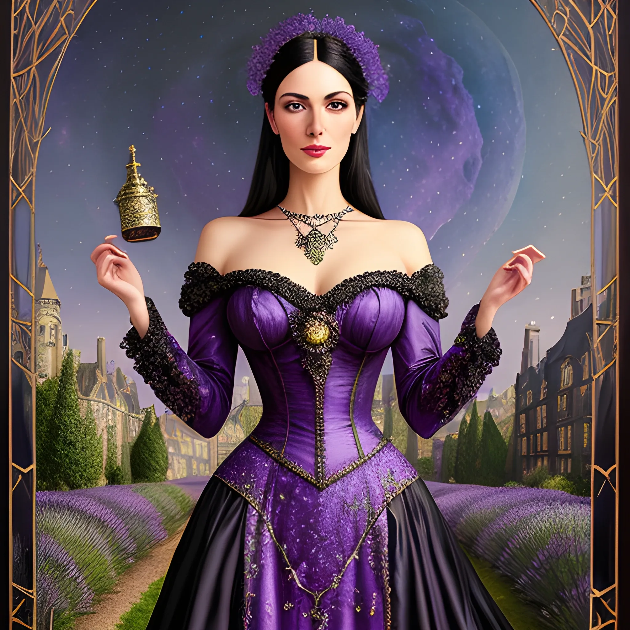 Lilac Princess, beautiful woman wears a lavender sequined dress. She has long, sleek black hair, and stands in front of lilac bushes. Her features are symmetrical, lovely, and anatomically correct. She wears amethyst jewelry. Lips are soft, in a slight smile; behind her a cityscape, and full smooth moon in a nebula sky, clouds; fantasy, Vintage Art, 16k resolution, intricately detailed, Renaissance, Chromolithography Soft Shading; ethereal fantasy, realistic oil painting. Victorian era, glitter, old fashioned, vintage, antique, renaissance, gothic, eldritch, highly intricate, sophisticated and complex digital painting, concept art, hyperrealism, Cinema 4D, 8k resolution, 64 megapixels, CGSociety, ZBrushCentral, behance HD, hypermaximalist, parallax
