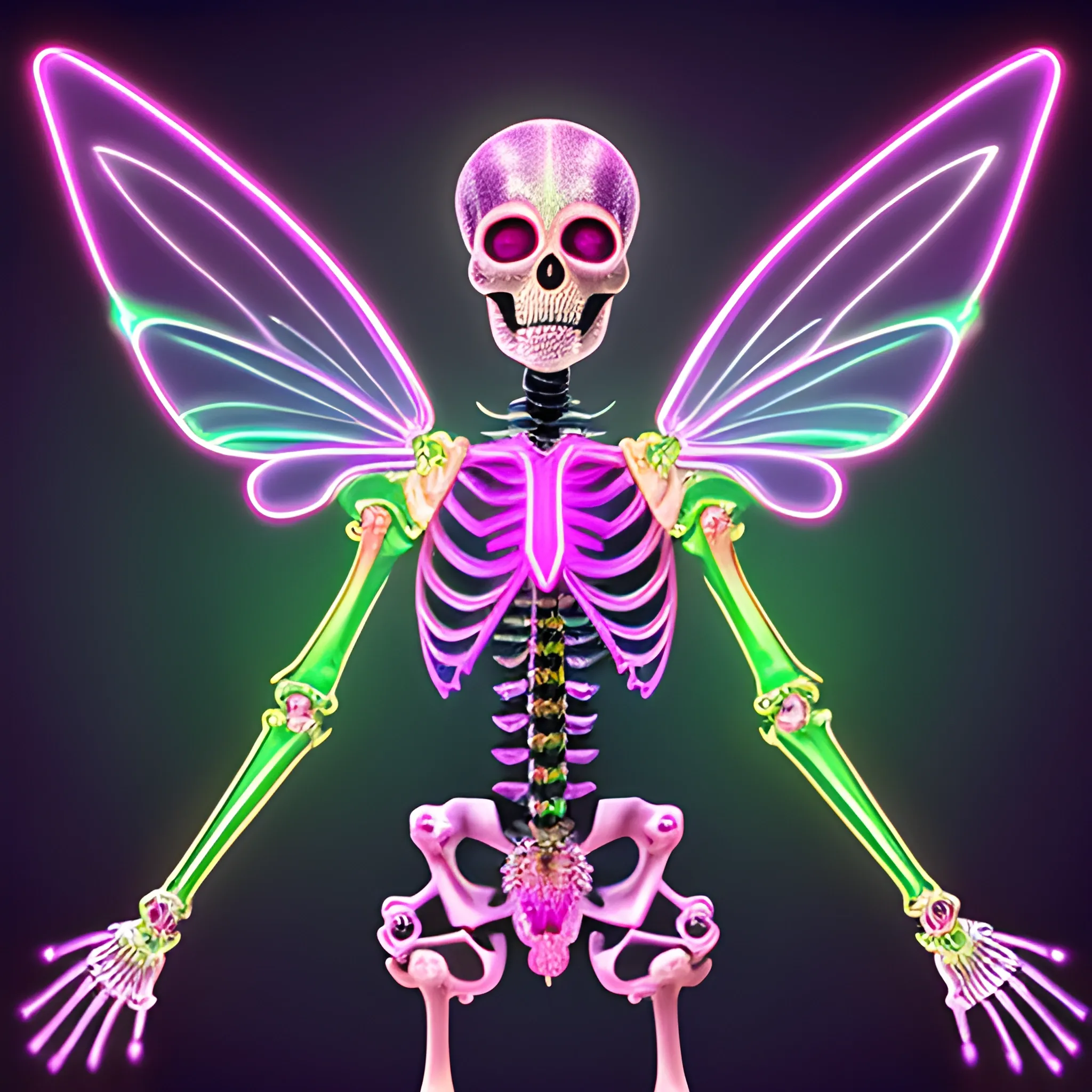 a beautiful full-body skeleton with skull head with glowing eyes, iridescent, geometric, fractal, glow anaglyph effect symmetrical fairy wings, dynamic lighting, bioluminescent neon, colorful sparkles, magic, intricate hyperdetailed skeleton, hot pink, neon grape purple, dayglo orange, chartreuse green