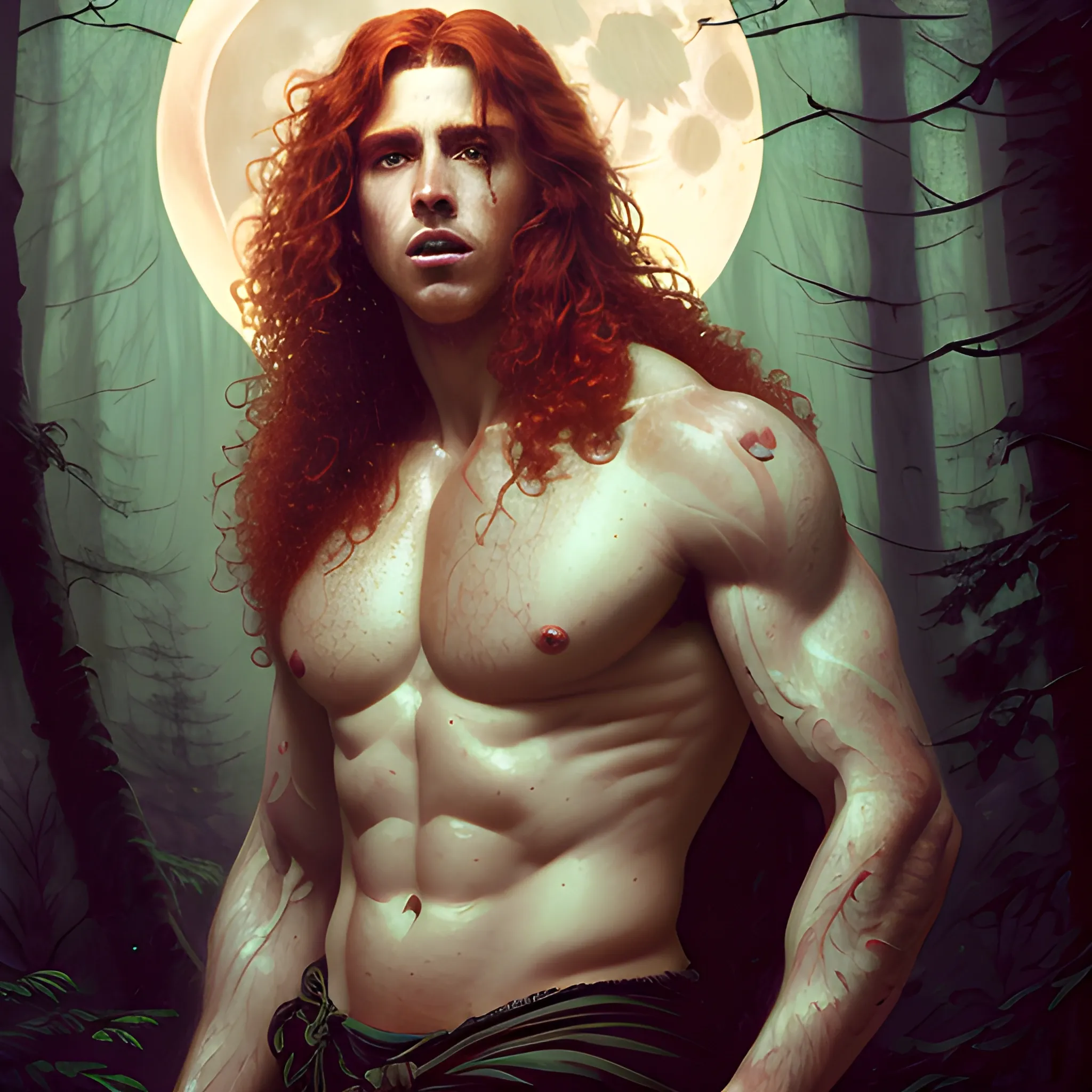 Attractive male, long red curly hair, chiseled, handsome, freckles, perfect face, hyperdetailed eyes and an athletic, masculine body, under a painted neblua sky, full moon; deep forest, spooky ambiance, by gaston bussiere, craig mullins, j. c. leyendecker