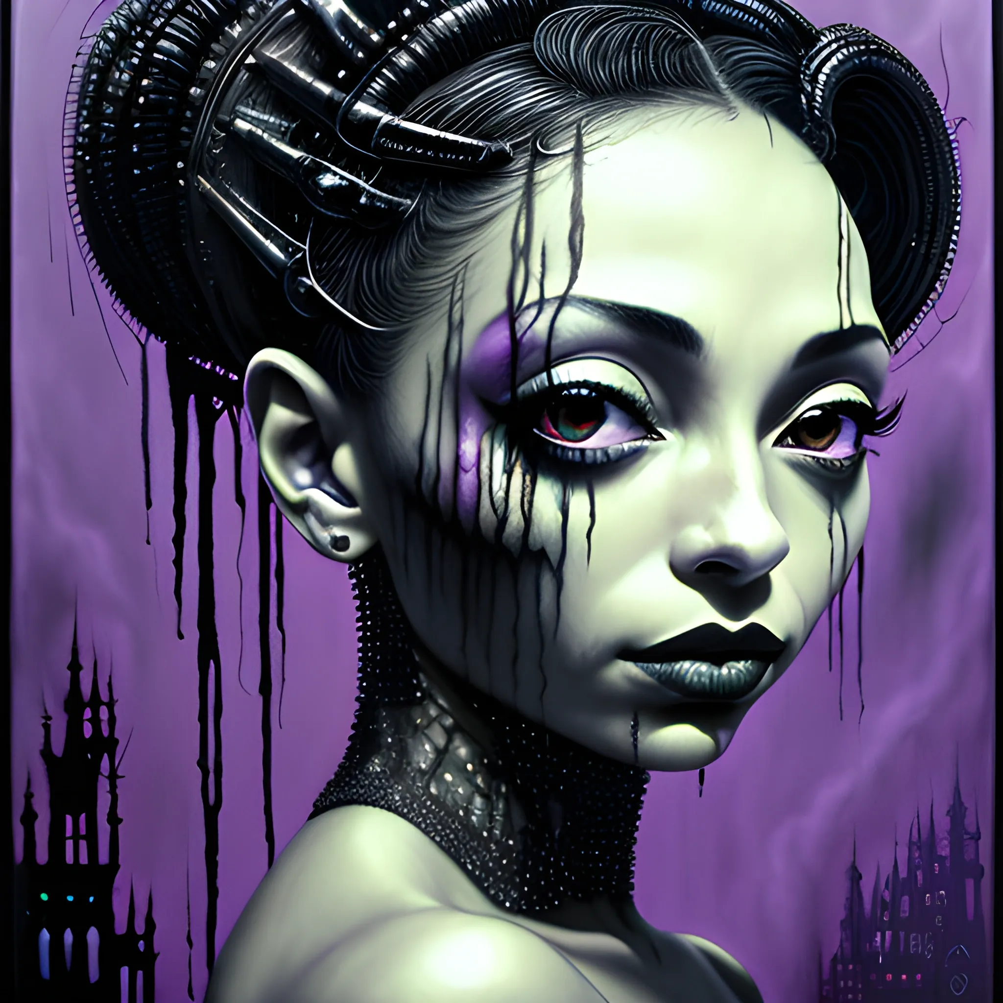  Masterpiece, scenic; Sade Adu; neon spray paint, acrylic paint, fantastical surrealist world, in the style of Stephen Gammell and Shawn Coss, extremely detailed, sick, gothic, eldritch