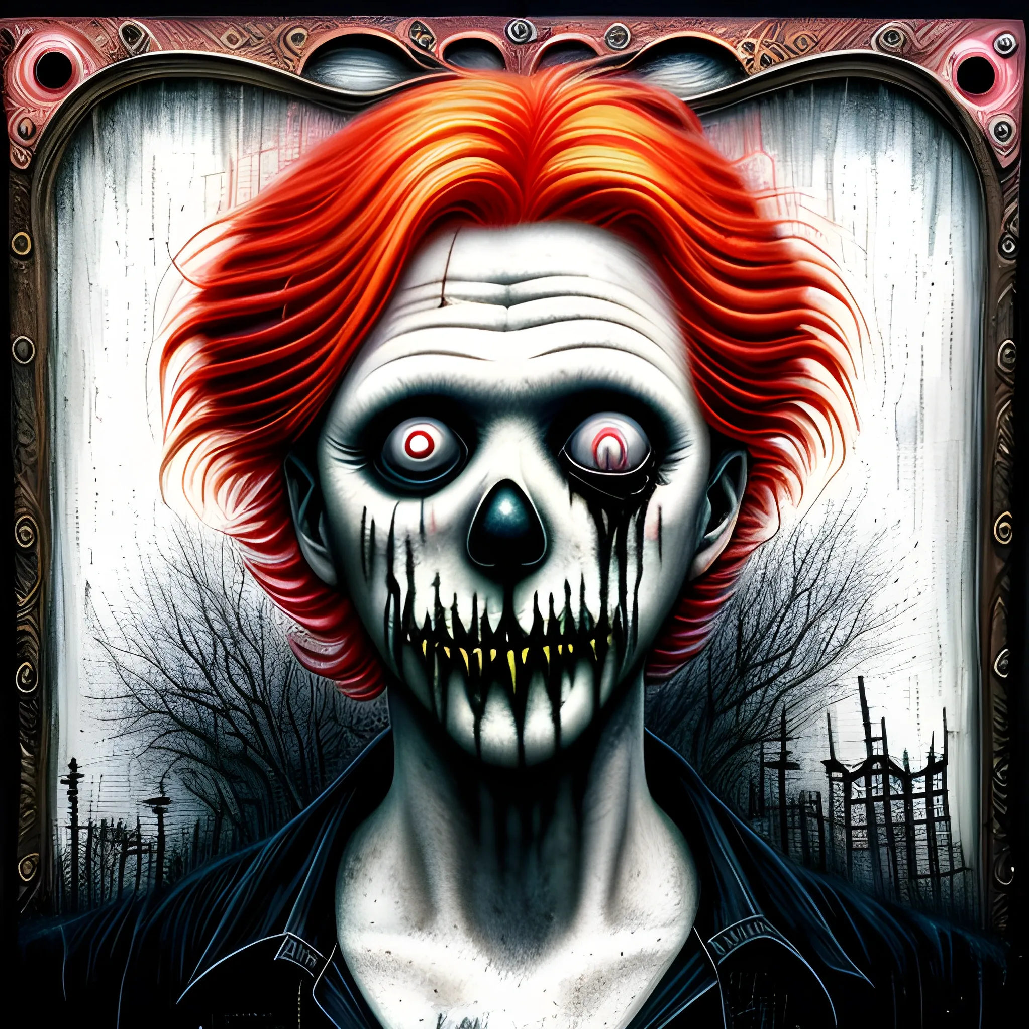  Masterpiece, scenic; redhead Courtney Gains; neon spray paint, acrylic paint, fantastical surrealist world, in the style of Stephen Gammell and Shawn Coss, extremely detailed, sick, gothic, eldritch; macabre, extreme color