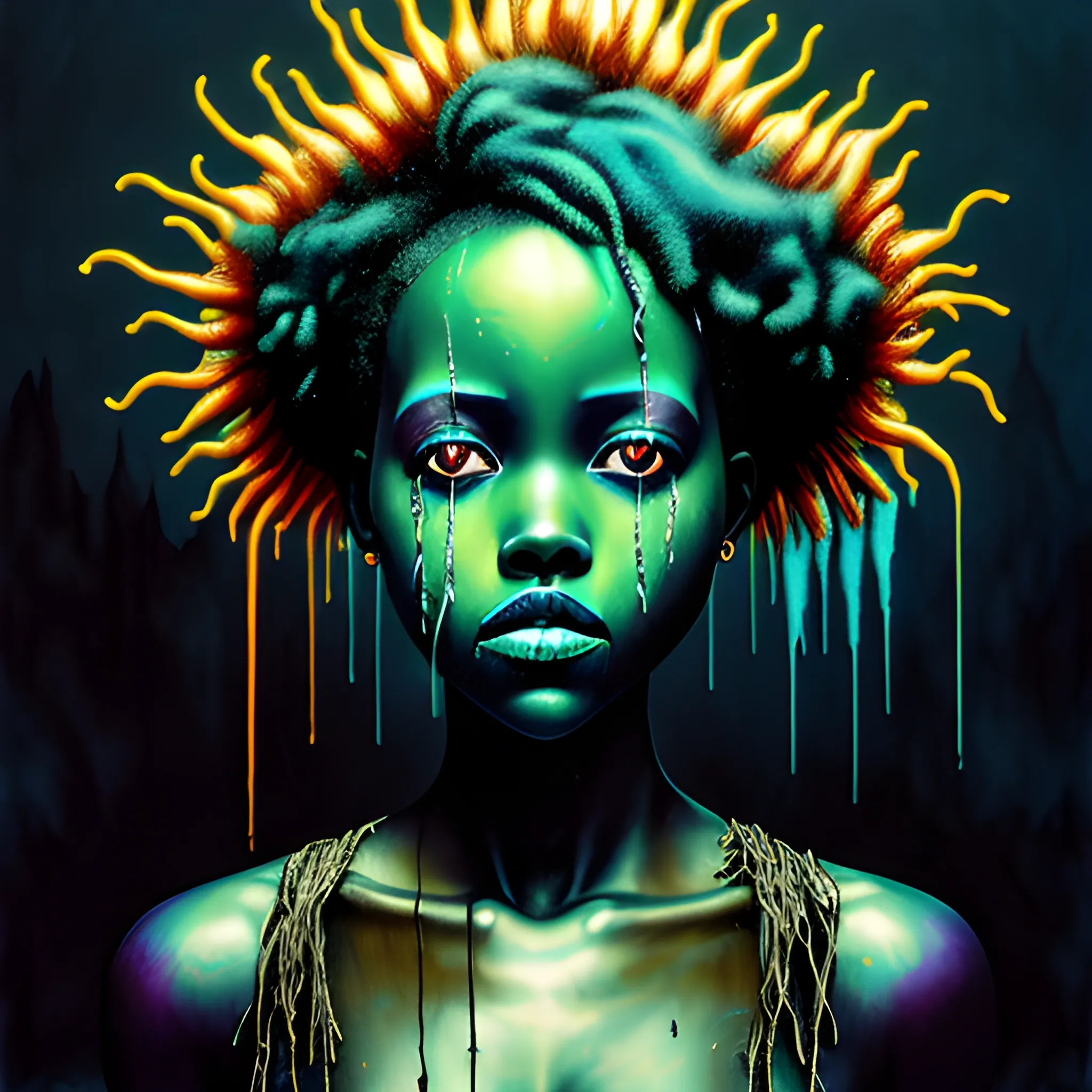  Masterpiece, scenic; Lupita Nyong'o; neon spray paint, acrylic paint, fantastical surrealist world, in the style of Stephen Gammell and Shawn Coss, extremely detailed, sick, gothic, eldritch