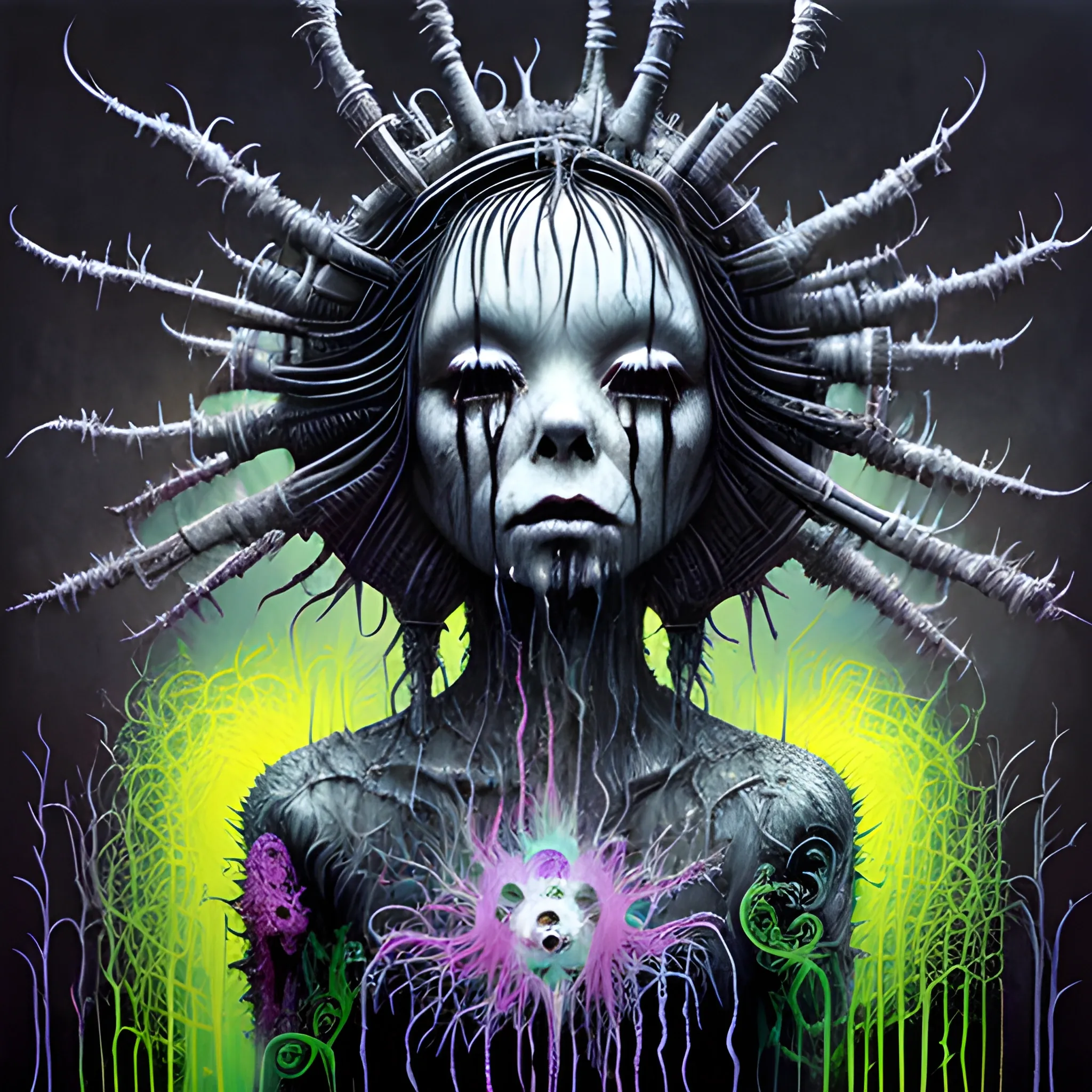  Masterpiece, scenic; Bjork; neon spray paint, acrylic paint, fantastical surrealist world, in the style of Stephen Gammell and Shawn Coss, extremely detailed, sick, gothic, eldritch