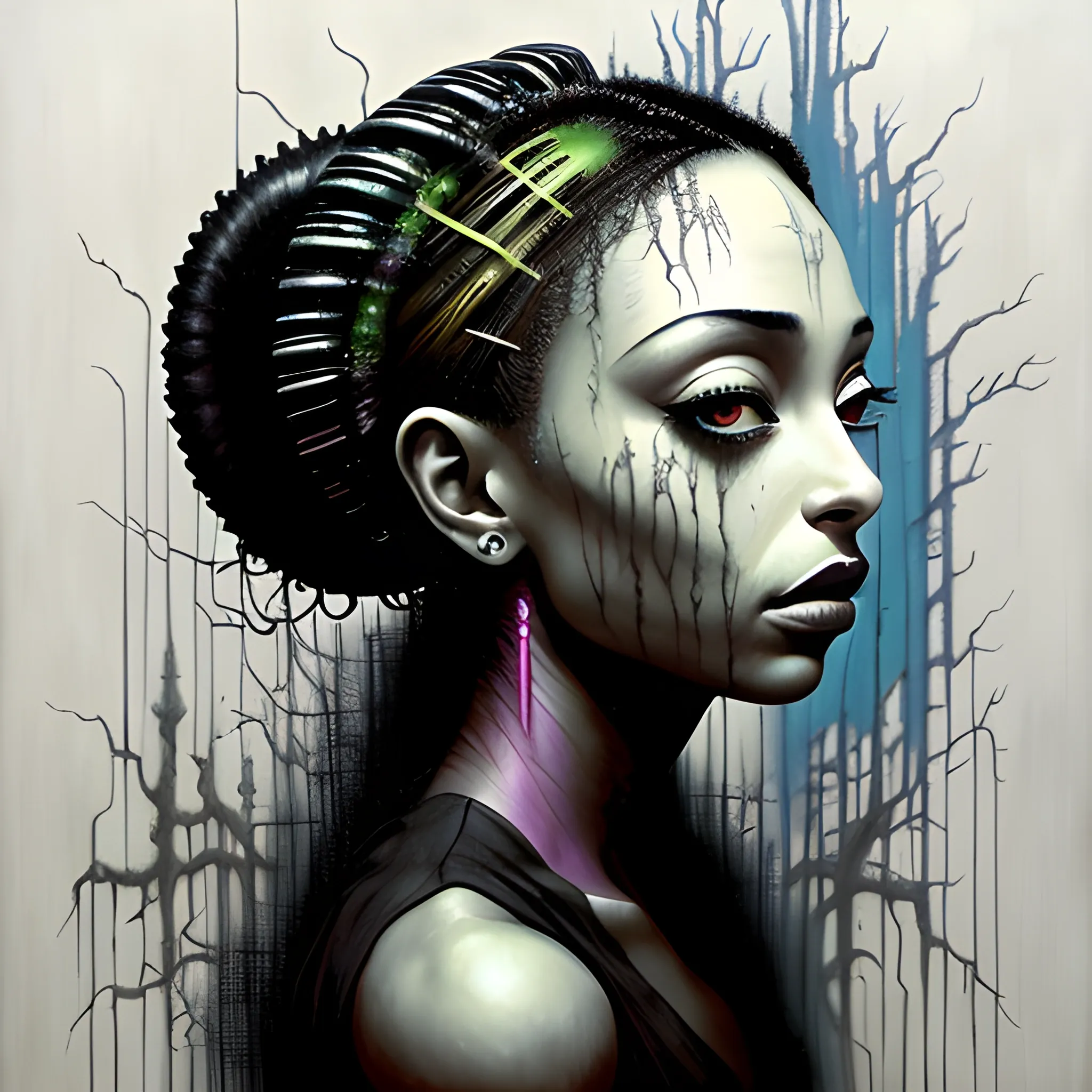  Masterpiece, scenic; Sade Adu; neon spray paint, acrylic paint, fantastical surrealist world, in the style of Stephen Gammell and Shawn Coss, extremely detailed, sick, gothic, eldritch