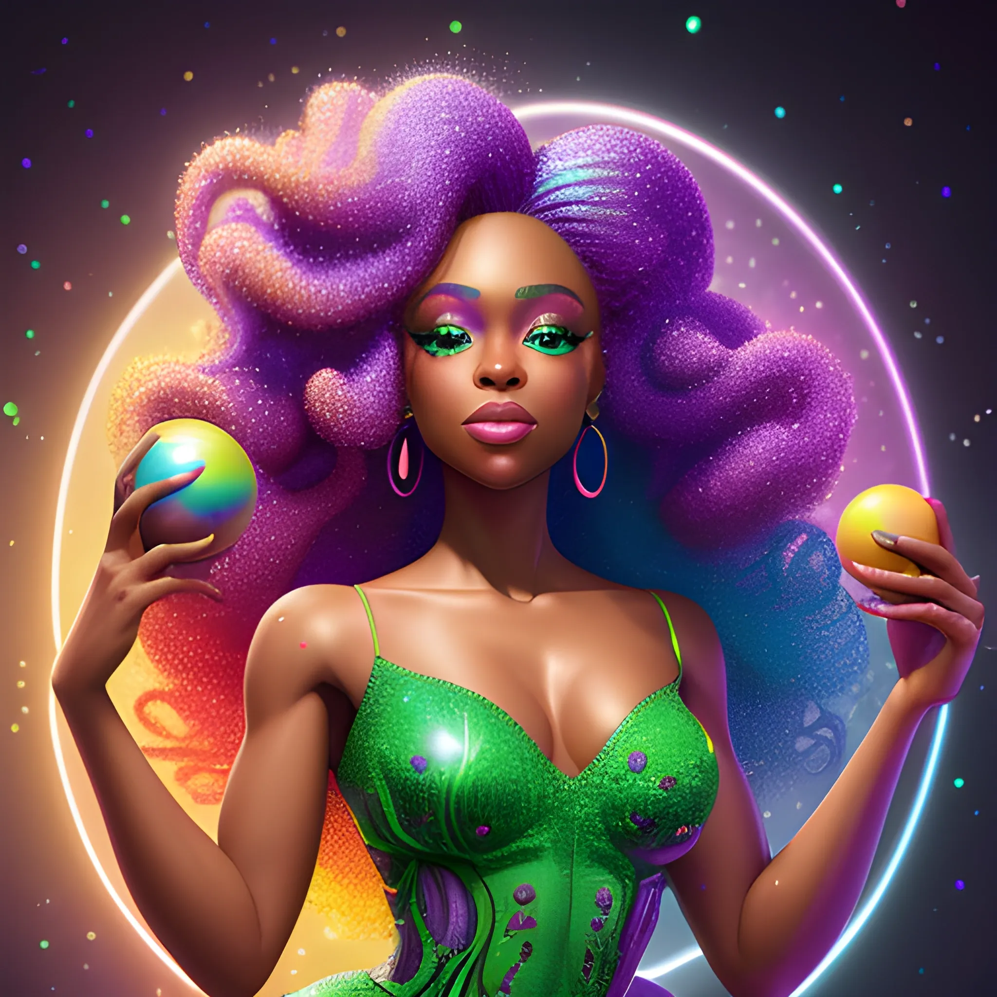 Charlotte Ayanna, perfect, anatomically correct perfect body, highly detailed beautiful face, green midriff dress, meticulously detailed multi-hued long dark curly hair, holding a purple ball in her hand; digital painting, smooth, sharp focus, colorful illustration, art by Lisa Frank, James R. Eads, artgerm and Maxfield Parrish; luminous color sparkles, glitter, neon, airbrush, Unreal Engine 5