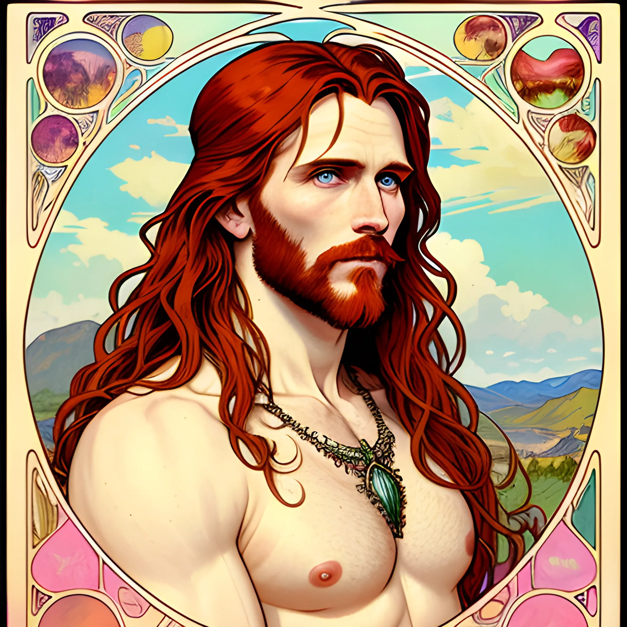 young Malachai of the Corn, his highly detailed, softly freckled handsome face, his clean, clear eyes, meticulously detailed, multi-hued, long red hair; hippie, pirate, he gazes far-away to the forest; pink, yellow, across a misty pastel-colored landscape, clouds; fantasy, Vintage Art, 8k resolution art Nouveau poster; Alphonse Mucha, Artgerm, WLOP, Illustration intricately detailed, trending on Artstation, Renaissance, triadic colors, Chromolithography Soft Shading