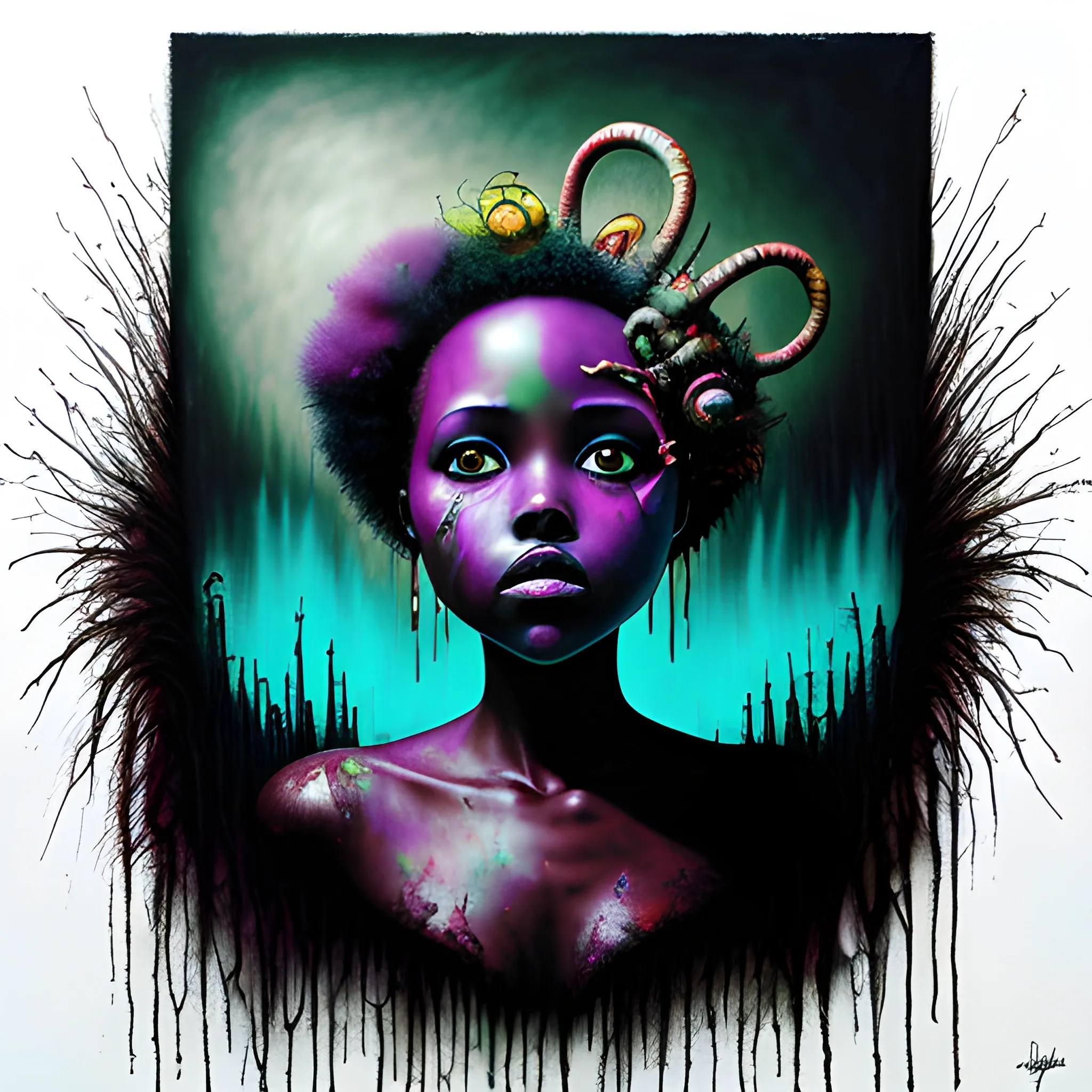  Masterpiece, scenic; Lupita Nyong'o; neon spray paint, acrylic paint, fantastical surrealist world, in the style of Stephen Gammell and Shawn Coss, extremely detailed, sick, gothic, eldritch