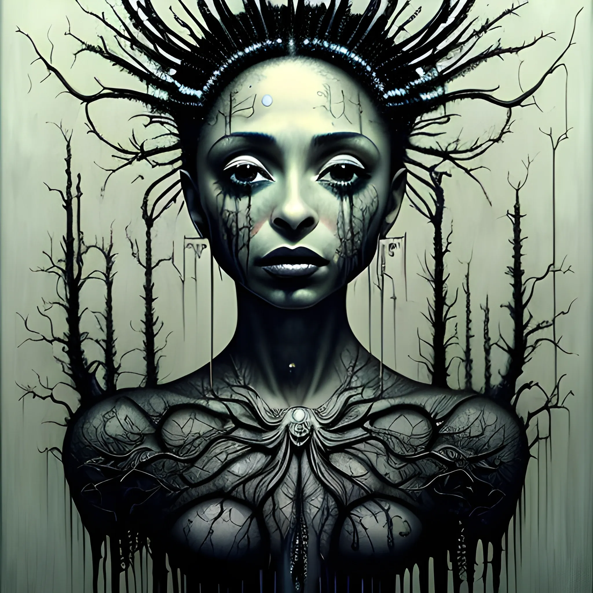  Masterpiece, scenic; Sade Adu; neon spray paint, acrylic paint, fantastical surrealist world, in the style of Stephen Gammell and Shawn Coss, extremely detailed, sick, gothic, eldritch