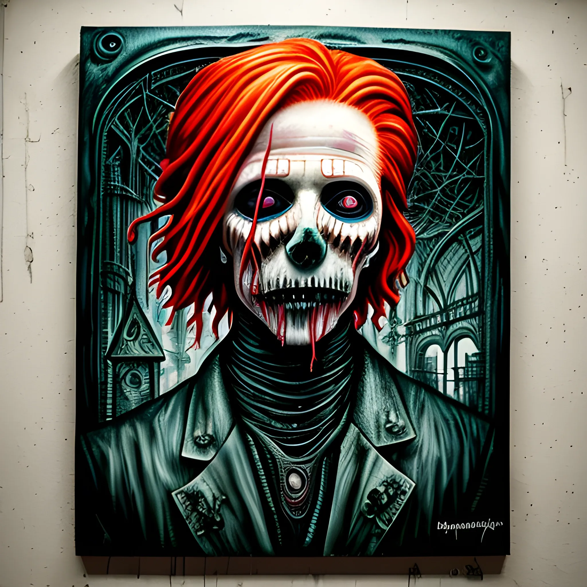  Masterpiece, scenic; redhead Courtney Gains; corn; neon spray paint, acrylic paint, fantastical surrealist world, in the style of Stephen Gammell and Shawn Coss, extremely detailed, sick, gothic, eldritch; macabre, extreme color