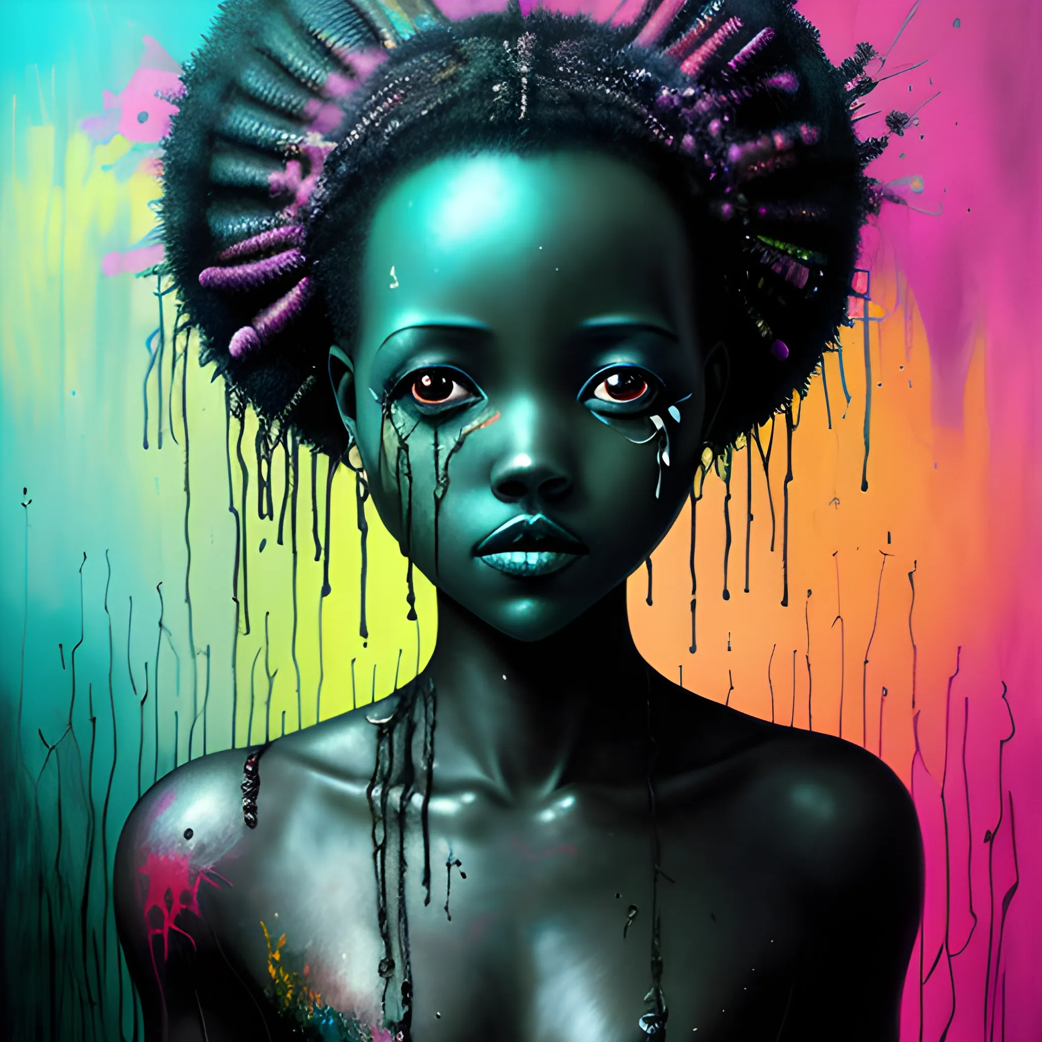  Masterpiece, scenic; Lupita Nyong'o; neon spray paint, acrylic paint, fantastical surrealist world, in the style of Stephen Gammell and Shawn Coss, extremely detailed, sick, gothic, eldritch