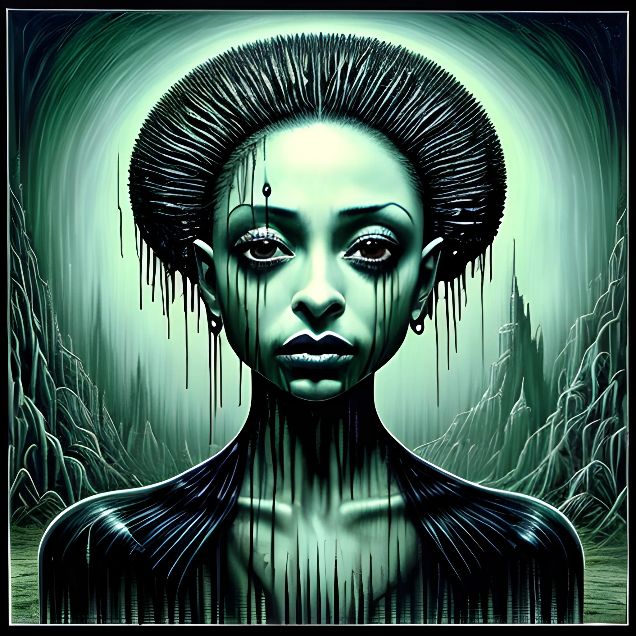  Masterpiece, scenic; Sade Adu; neon spray paint, acrylic paint, fantastical surrealist world, in the style of Stephen Gammell and Shawn Coss, extremely detailed, sick, gothic, eldritch