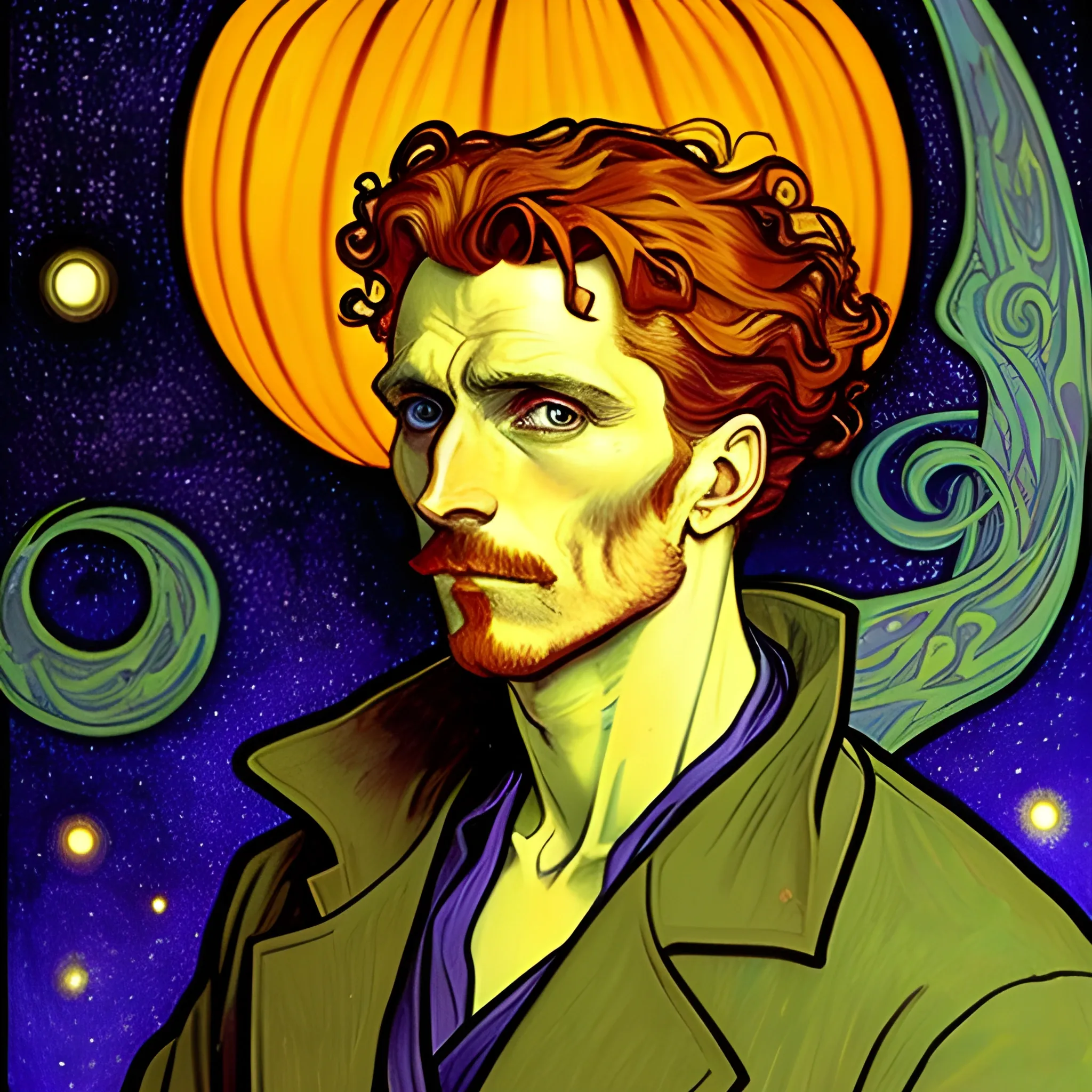 Painting of a handsome young delicate beautiful softly freckled man in his 20s with green eyes and very long, curly red hair flowing down his shoulders and back, at the giant jack o'lantern halloween party; pumpkins, perfect purple pumpkins, green skulls, orange bats, magic, candles, neon spray paint, acrylic paint, fantastical, elegant, stylized art, under a painted nebula sky, full moon; bats, pumpkins, spooky ambiance, Halloween Night art by alphonse mucha, vincent van gogh, egon schiele