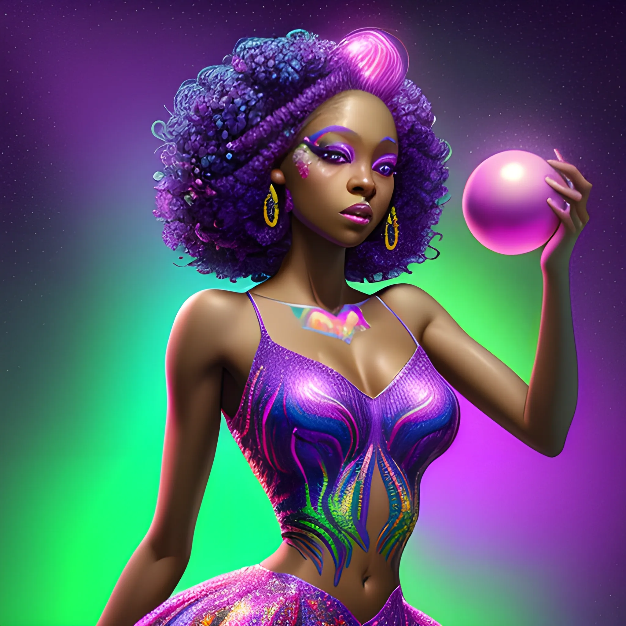 Charlotte Ayanna, perfect, anatomically correct perfect body, highly detailed beautiful face, green midriff dress, meticulously detailed multi-hued long dark curly hair, holding a purple ball in her hand; digital painting, smooth, sharp focus, colorful illustration, art by Lisa Frank, James R. Eads, artgerm and Maxfield Parrish; luminous color sparkles, glitter, neon, airbrush, Unreal Engine 5