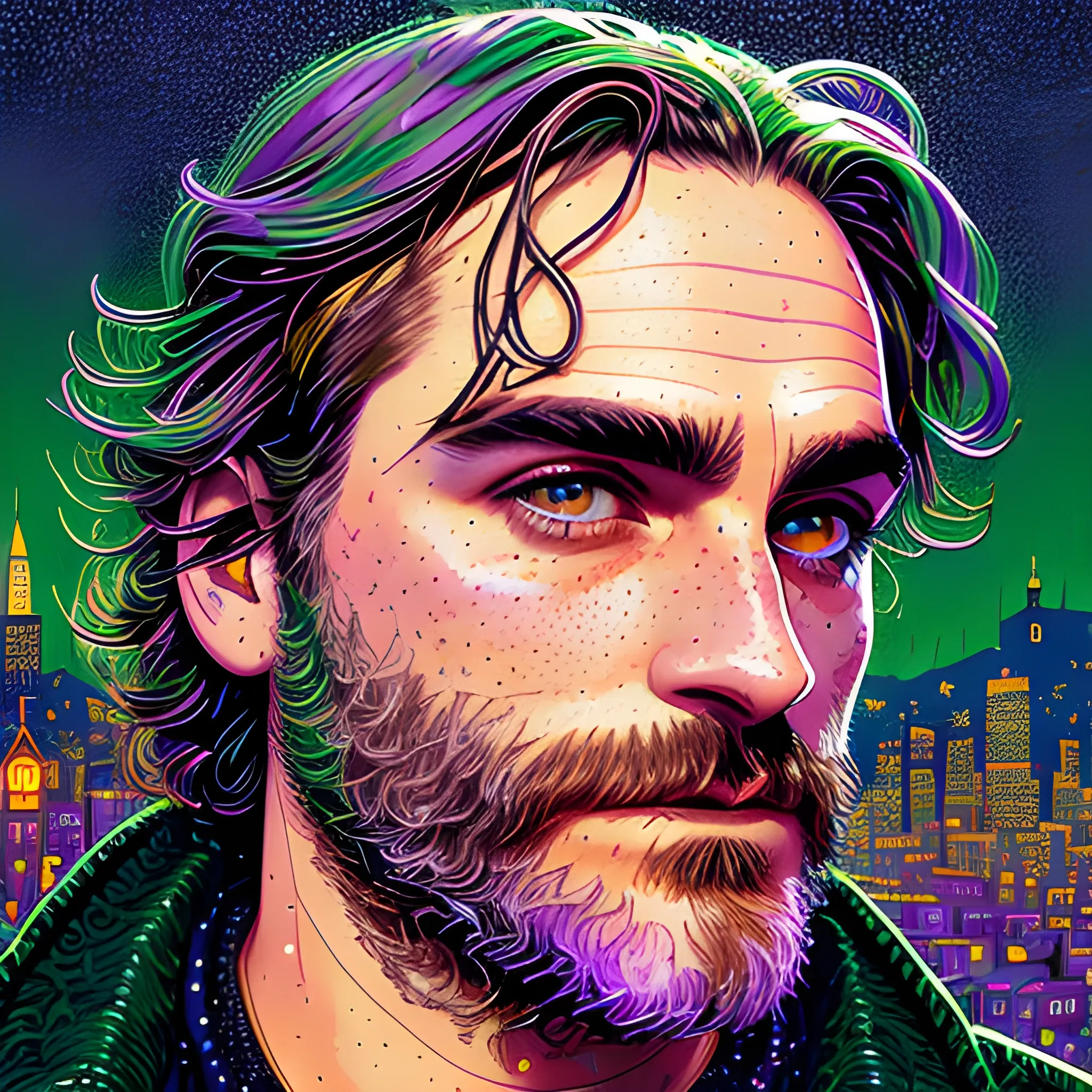 Joaquin Phoenix, his highly detailed, softly freckled handsome face, lavender-green eyes, meticulously detailed long dark hair; by James R. Eads, Fausto-Giurescu, Tania Rivilis, Dan Mumford; luminous colorful sparkles, glitter, airbrush, depth of field, volumetric lighting, downtown