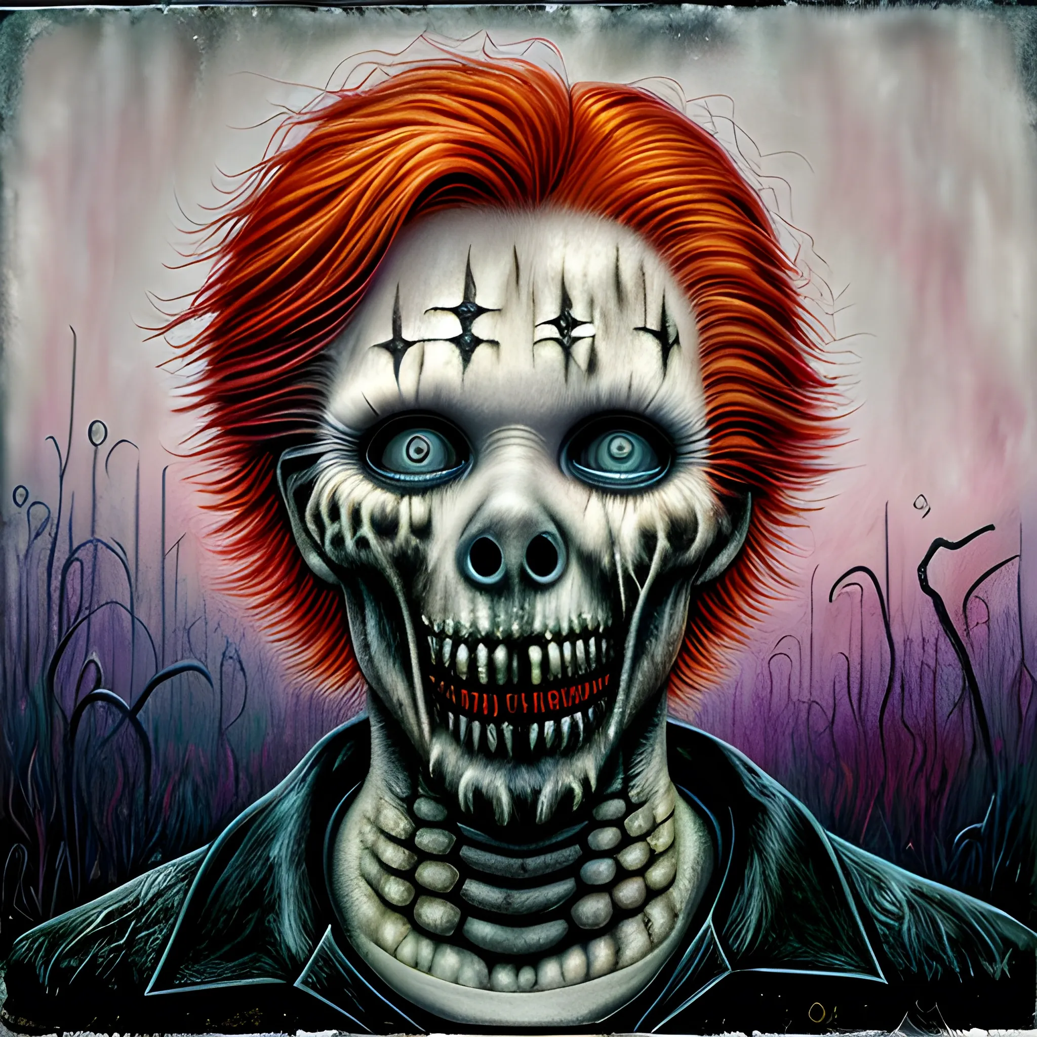  Masterpiece, scenic; redhead Courtney Gains; corn; neon spray paint, acrylic paint, fantastical surrealist world, in the style of Stephen Gammell and Shawn Coss, extremely detailed, sick, gothic, eldritch; macabre, extreme color