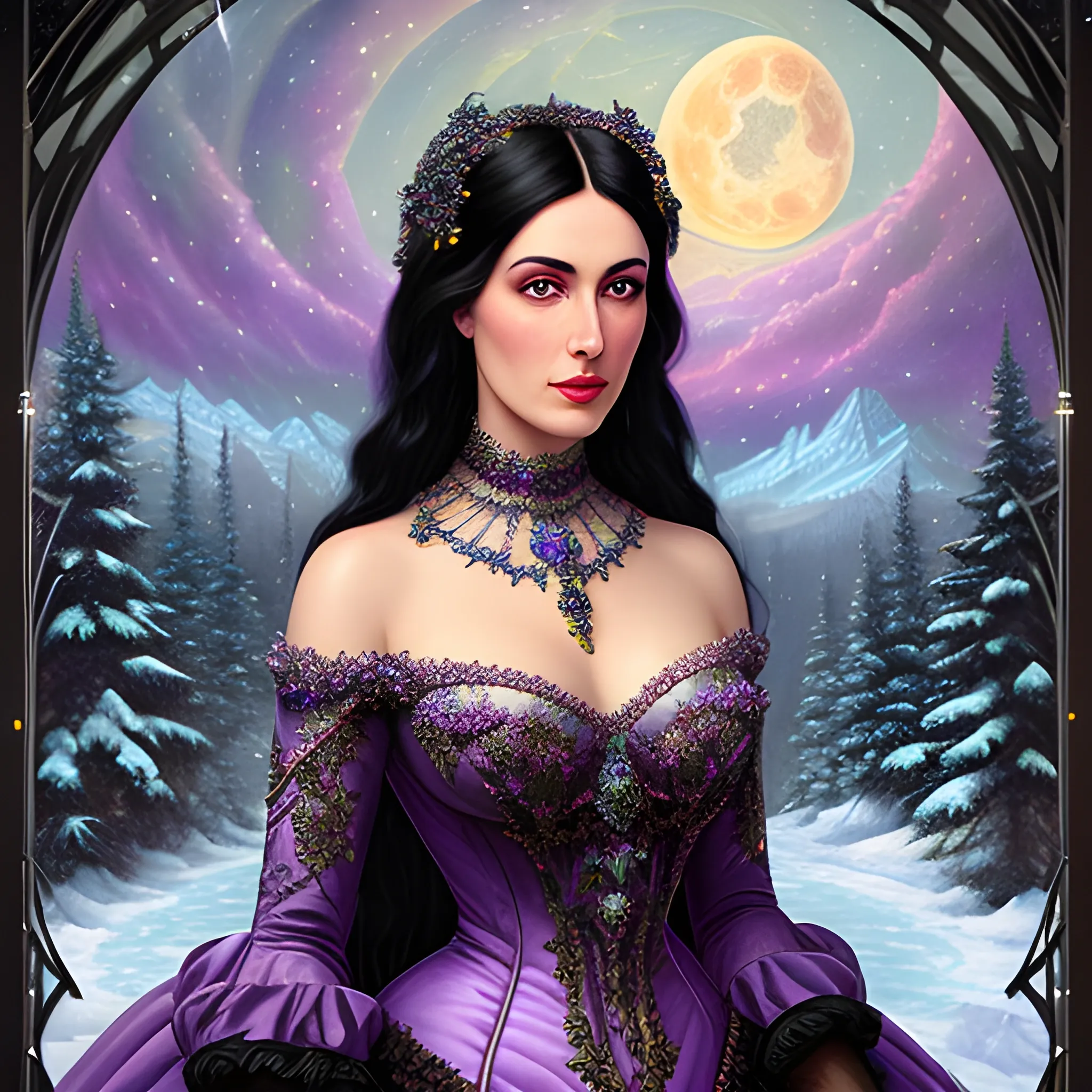 Lilac Princess, beautiful woman wears a lavender sequined dress. She has long, sleek black hair, and stands in front of snow-covered pine trees and an icy river. Her features are symmetrical, lovely, and anatomically correct. She wears amethyst jewelry. Lips are soft, in a slight smile; behind her a cityscape, and full smooth moon in a nebula sky, clouds; fantasy, Vintage Art, 16k resolution, intricately detailed, Renaissance, Chromolithography Soft Shading; ethereal fantasy, realistic oil painting. Victorian era, glitter, old fashioned, vintage, antique, renaissance, gothic, eldritch, highly intricate, sophisticated and complex digital painting, concept art, hyperrealism, Cinema 4D, 8k resolution, 64 megapixels, CGSociety, ZBrushCentral, behance HD, hypermaximalist, parallax
