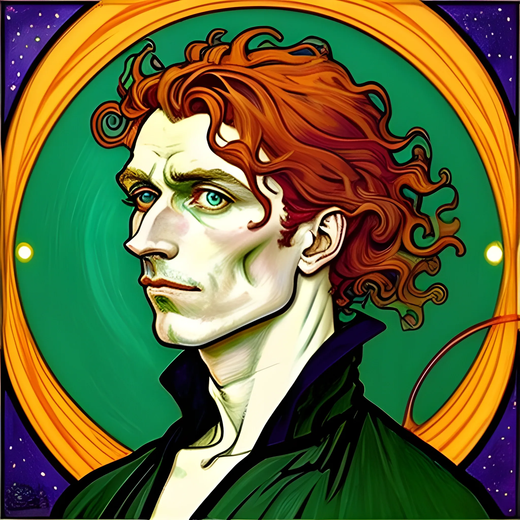 Painting of a handsome young delicate beautiful softly freckled man in his 20s with green eyes and very long, curly red hair flowing down his shoulders and back, at the giant jack o'lantern halloween party; pumpkins, perfect purple pumpkins, green skulls, orange bats, magic, candles, neon spray paint, acrylic paint, fantastical, elegant, stylized art, under a painted nebula sky, full moon; bats, pumpkins, spooky ambiance, Halloween Night art by alphonse mucha, vincent van gogh, egon schiele