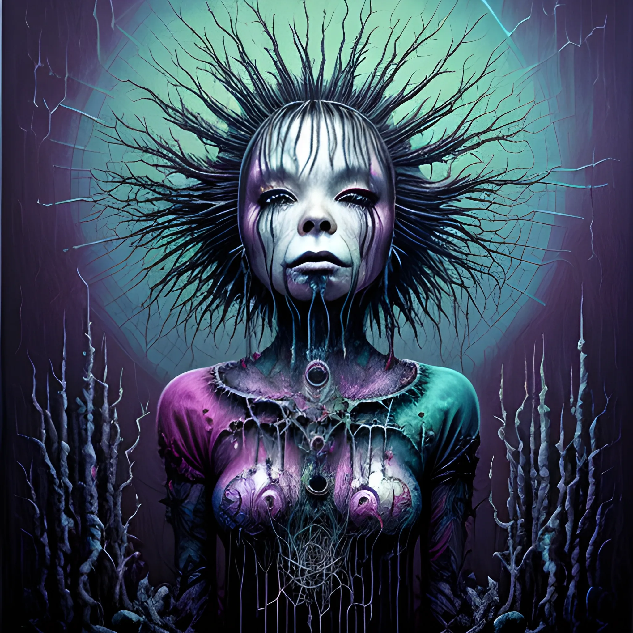  Masterpiece, scenic; Bjork; neon spray paint, acrylic paint, fantastical surrealist world, in the style of Stephen Gammell and Shawn Coss, extremely detailed, sick, gothic, eldritch