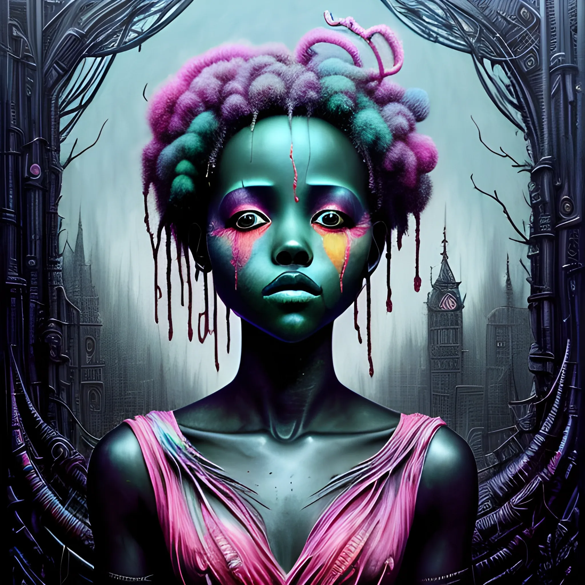  Masterpiece, scenic; Lupita Nyong'o; neon spray paint, acrylic paint, fantastical surrealist world, in the style of Stephen Gammell and Shawn Coss, extremely detailed, sick, gothic, eldritch