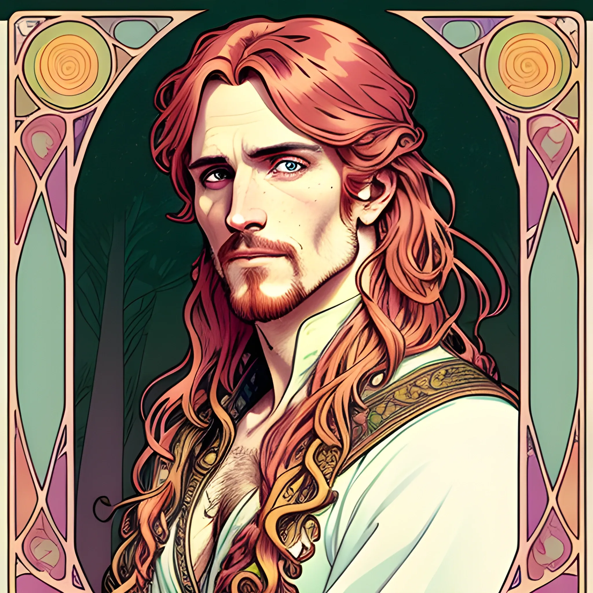 young Malachai of the Corn, his highly detailed, softly freckled handsome face, his clean, clear eyes, meticulously detailed, multi-hued, long red hair; hippie, pirate, he gazes far-away to the forest; pink, yellow, across a misty pastel-colored landscape, clouds; fantasy, Vintage Art, 8k resolution art Nouveau poster; Alphonse Mucha, Artgerm, WLOP, Illustration intricately detailed, trending on Artstation, Renaissance, triadic colors, Chromolithography Soft Shading